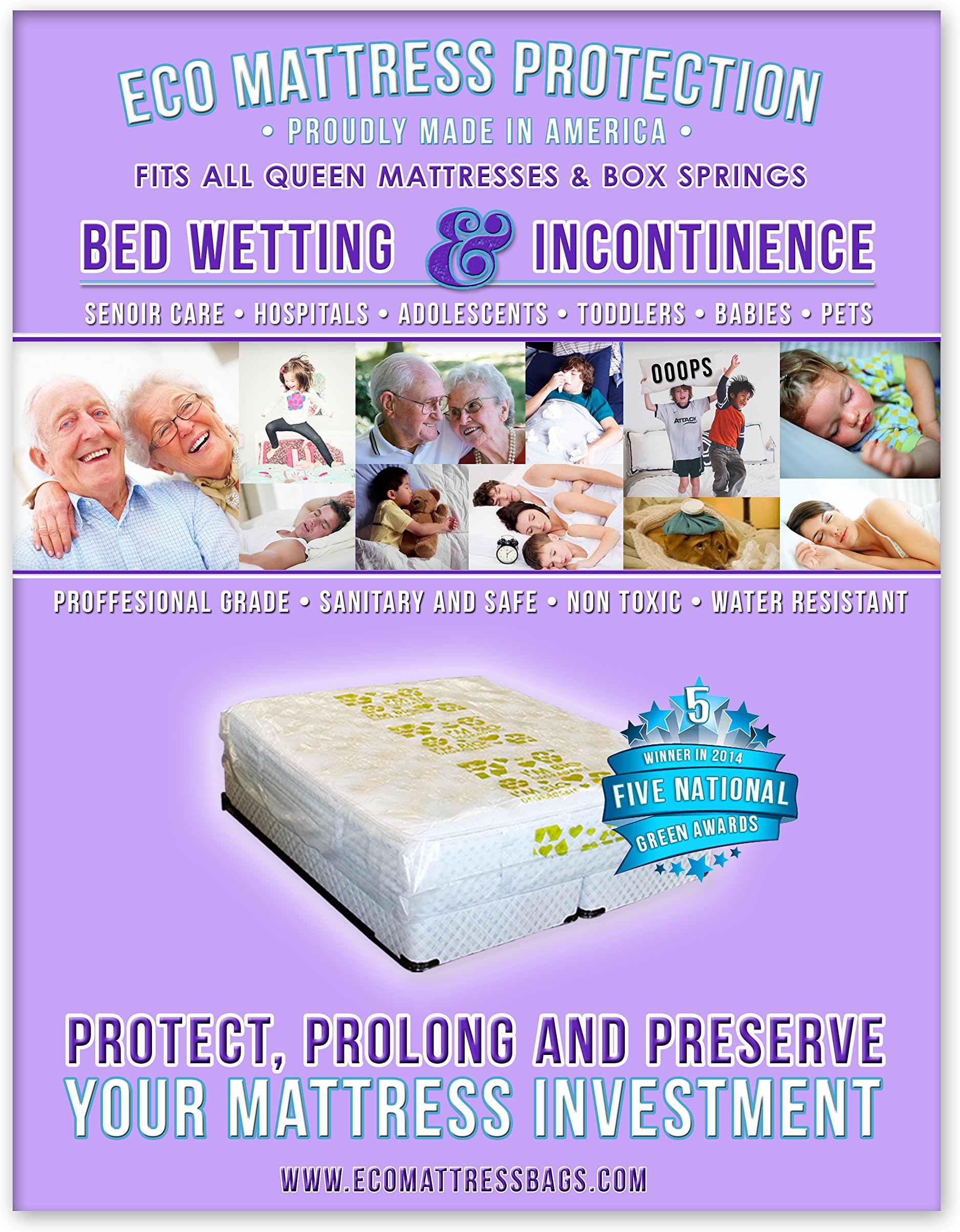 1 Queen or Full Size Mattress Protector Designed for Bed Wetting, Accidents and Incontinence. Fits All Cal King and King Size Mattresses and Compatible with All Pillow Tops and Box Springs. Winner of 5 National Green Awards in 2014. Don't Stress About Your Mattress, We've Got You Covered!