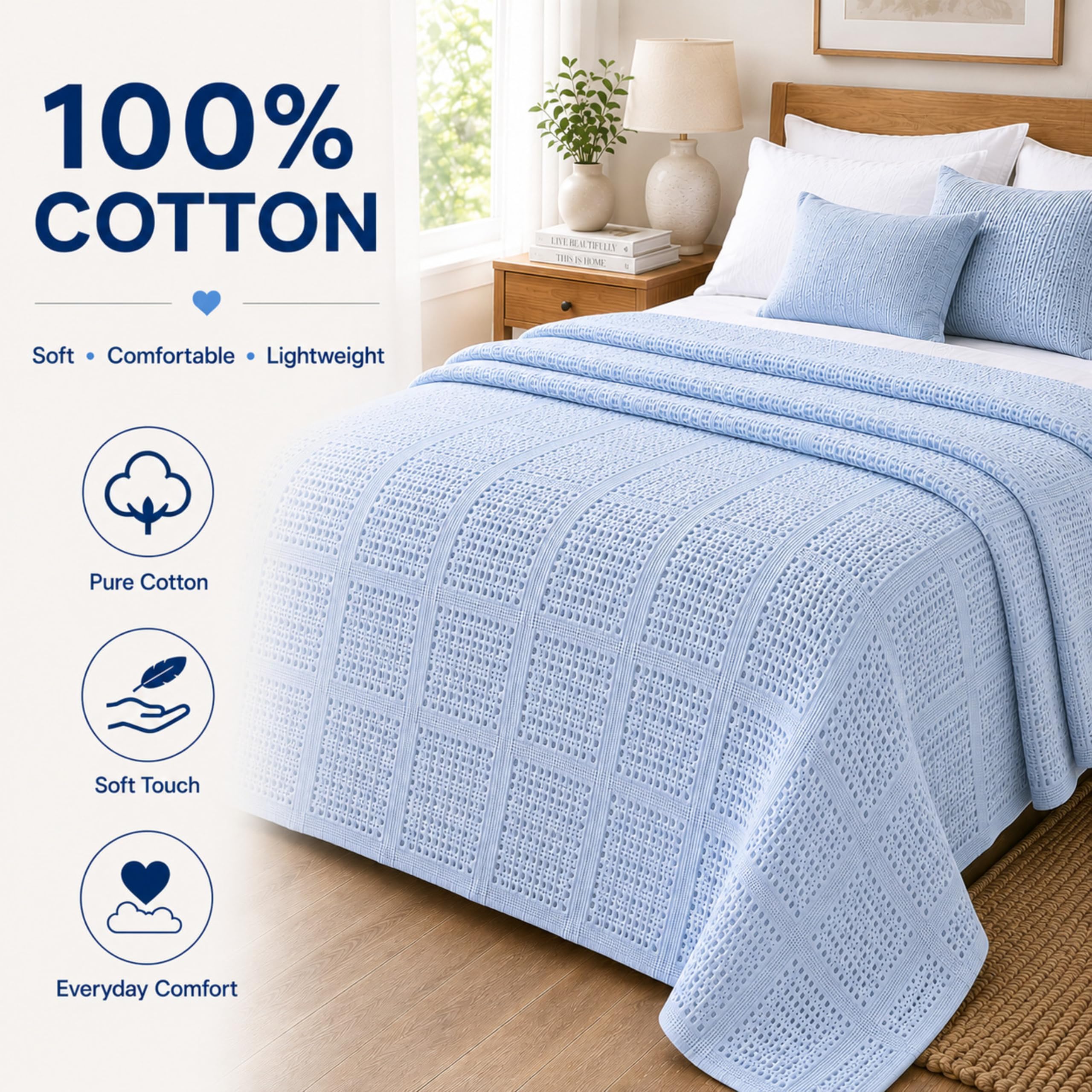 Family Bedding Niebieski koc komórkowy w rozmiarze king size, dla dorosłych, bawełna, duży koc na łóżko, dwustronny, lekki, termiczny, miękki, tradycyjny koc komórkowy (230 x 260 cm)