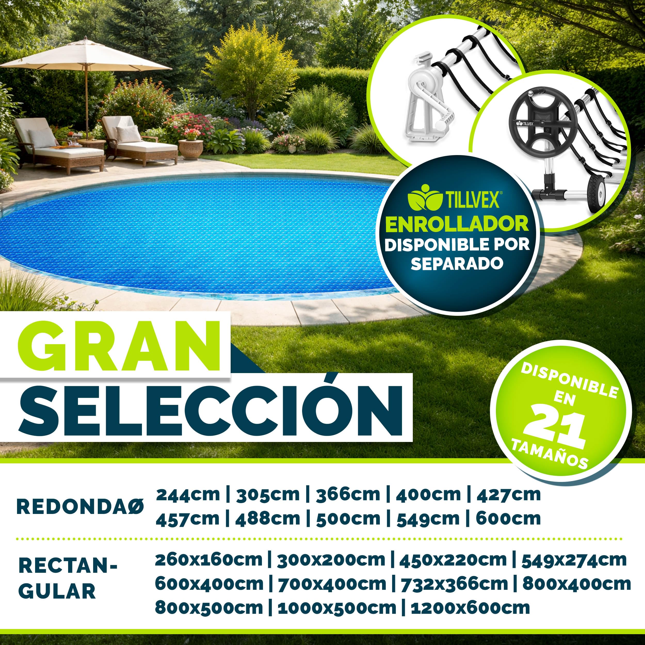 tillvex Cobertor Solar para Piscinas Redonda & Rectangular | Espesor de la lámina Solar 120 µm | La Cubierta Solar se Puede Cortar a Medida (Ø 600 cm, Azul)