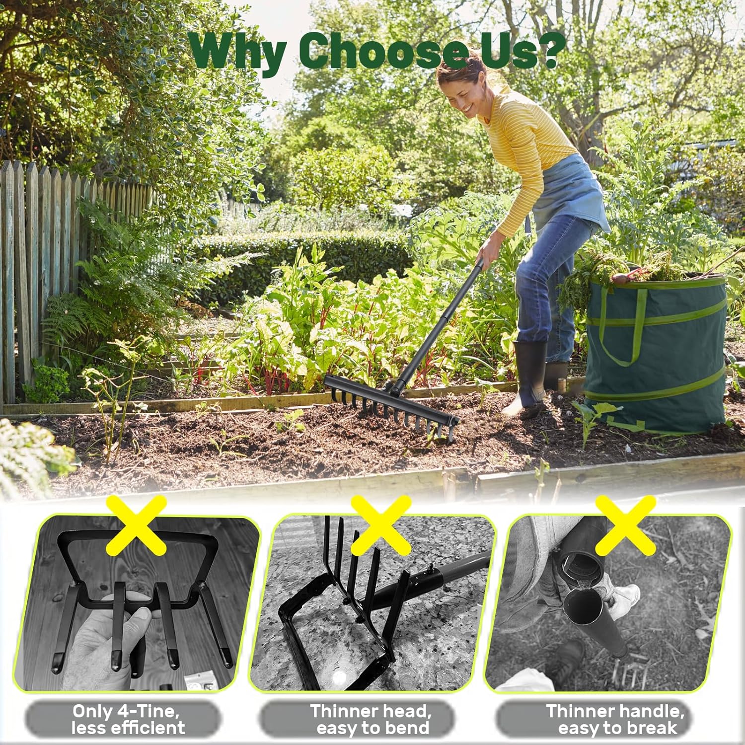 Garden Hoe & Stirrup Hoe, 2-in-1 Weed Puller Gardening Tools with 76" Heavy Duty Long Adjustable Handle, 12 Teeth Hula Garden Hoe with Rake for Weeding, Cultivating, Loosening Soil, Digging & Raking