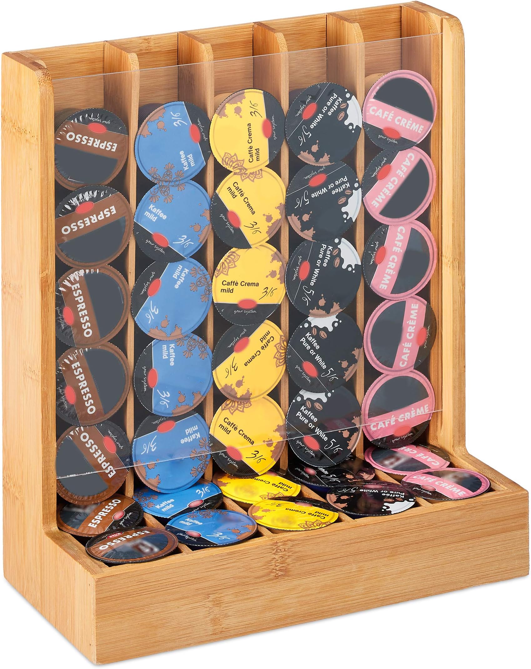 RelaxdaysCafissimo Capsule Dispenser, Coffee Pod Holder, Storage Rack, Bamboo & Acrylic, HxWxD: 29x24.5x12 cm, Natural
