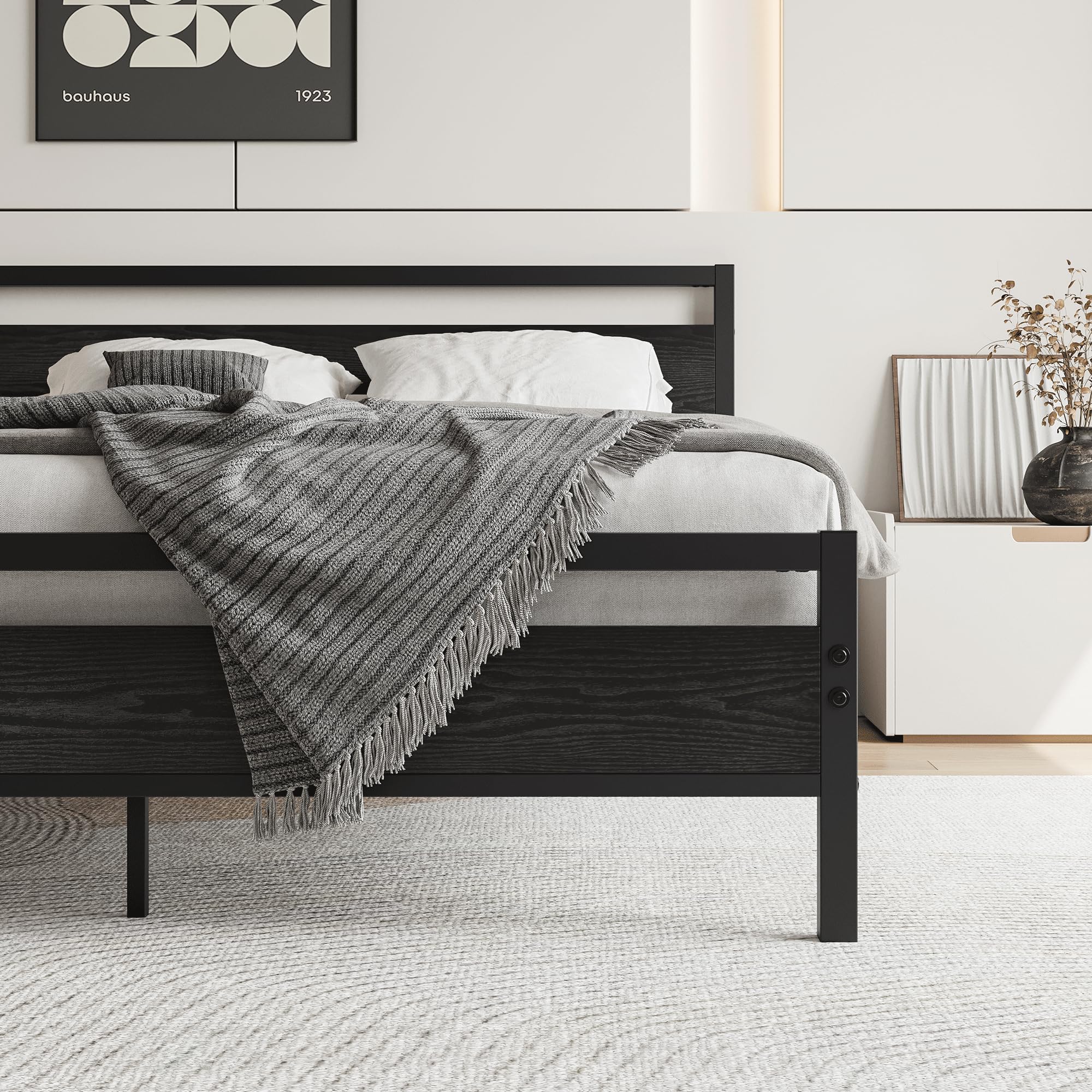 HOJINLINERO Estructura de cama de 140 x 200, marco de cama de metal de 140 x 200 cm, con somier de metal y madera, cabecero de invitados, cama juvenil, para dormitorio, habitación de invitados, color