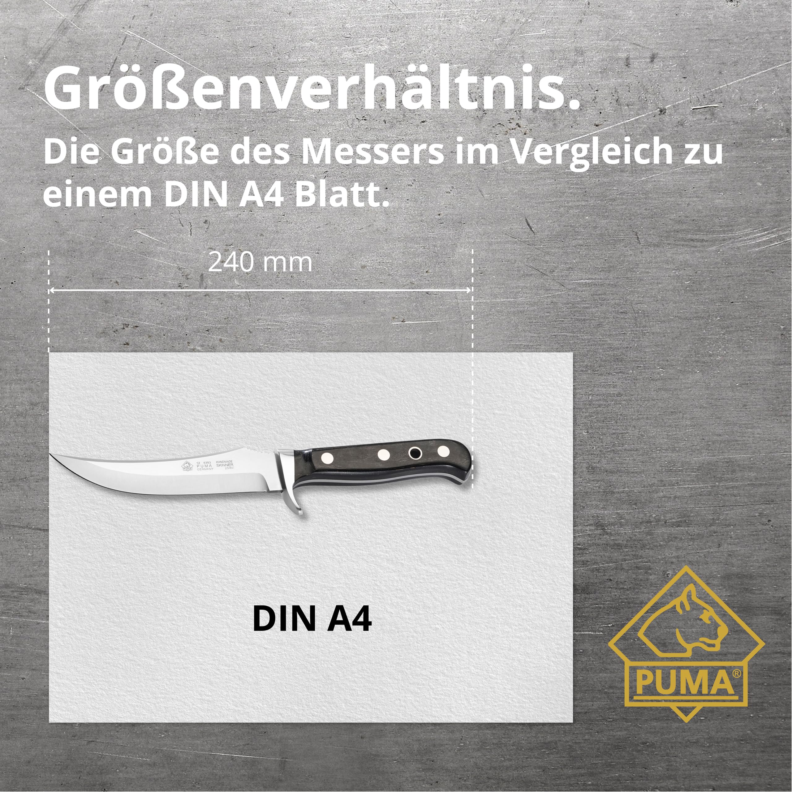 PUMA – Skinner Pakka Spezialmesser - der Klassiker zum Abhäuten - handgefertigt in Solingen - Griff aus echtem Pakkaholz - 130mm Klinge, Gesamtlänge 240mm - Vollerl - mit passender Sattellederscheide