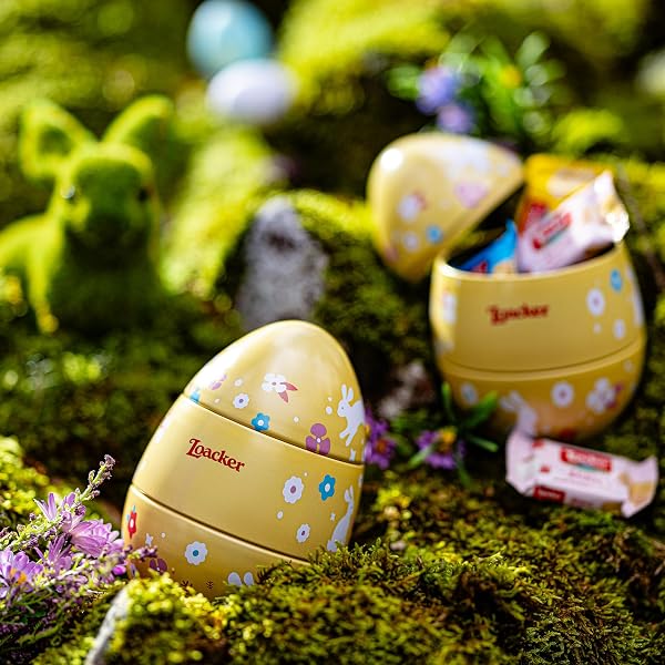 Loacker, Uovo di Pasqua in Latta Ripieno di 15 Snack al Cioccolato in 6 Gusti Assortiti, Cioccolatini Monoporzione, Happy Easter 2026, Altezza 16 cm, Confezione da 140,2g - 4