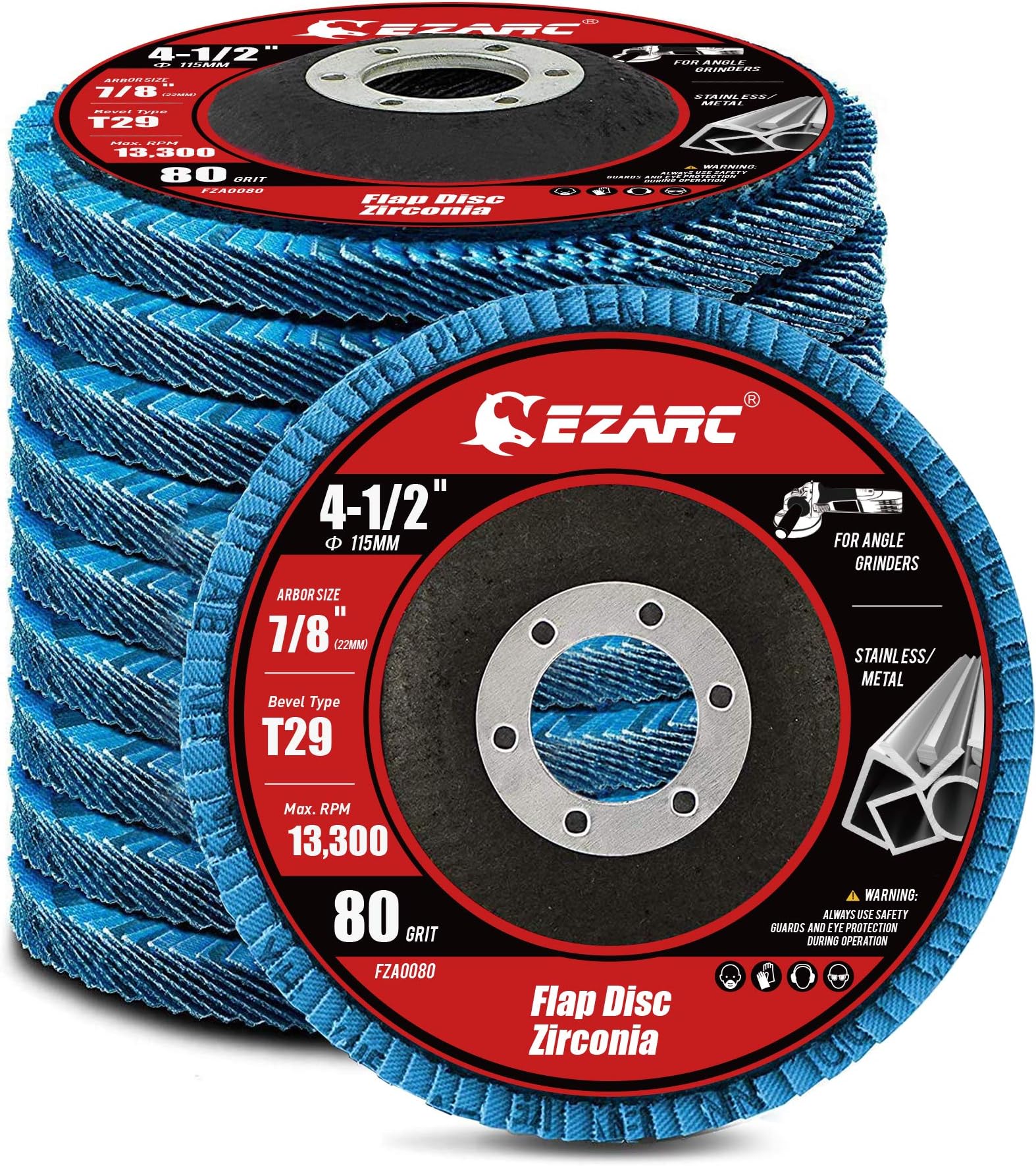 EZARC Flap Disc 115mm 80 Grit Zirconia Grinding Wheel, Abrasive Discs Type 29 for Stainless Steel, Cast Iron and Sheet Metal, 10 Pack