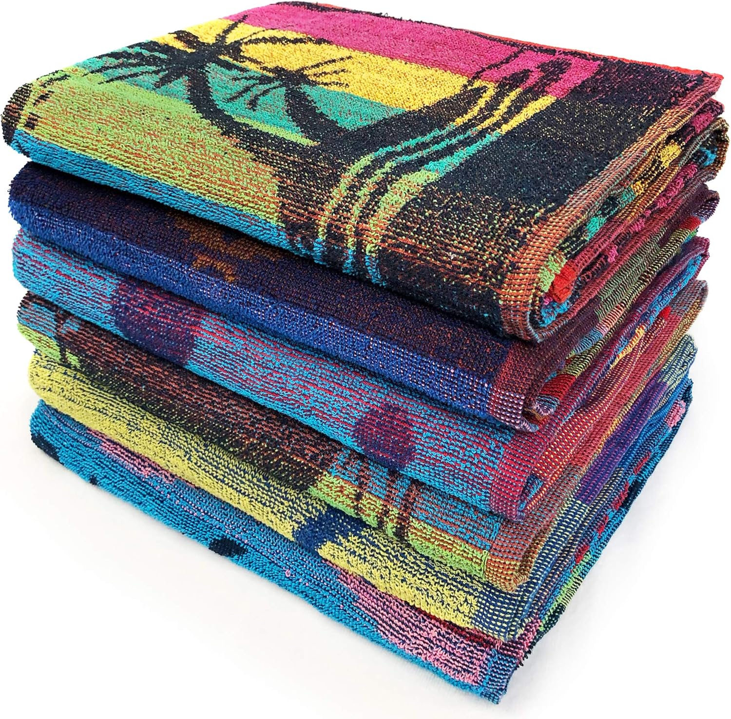 Ipanema Terry Jacquard Travel Beach Towel 30 x 60 inch - 6 Pack - Assorted Designs- Dolphin - Seashells - Fishes - Sailing 100% Cotton