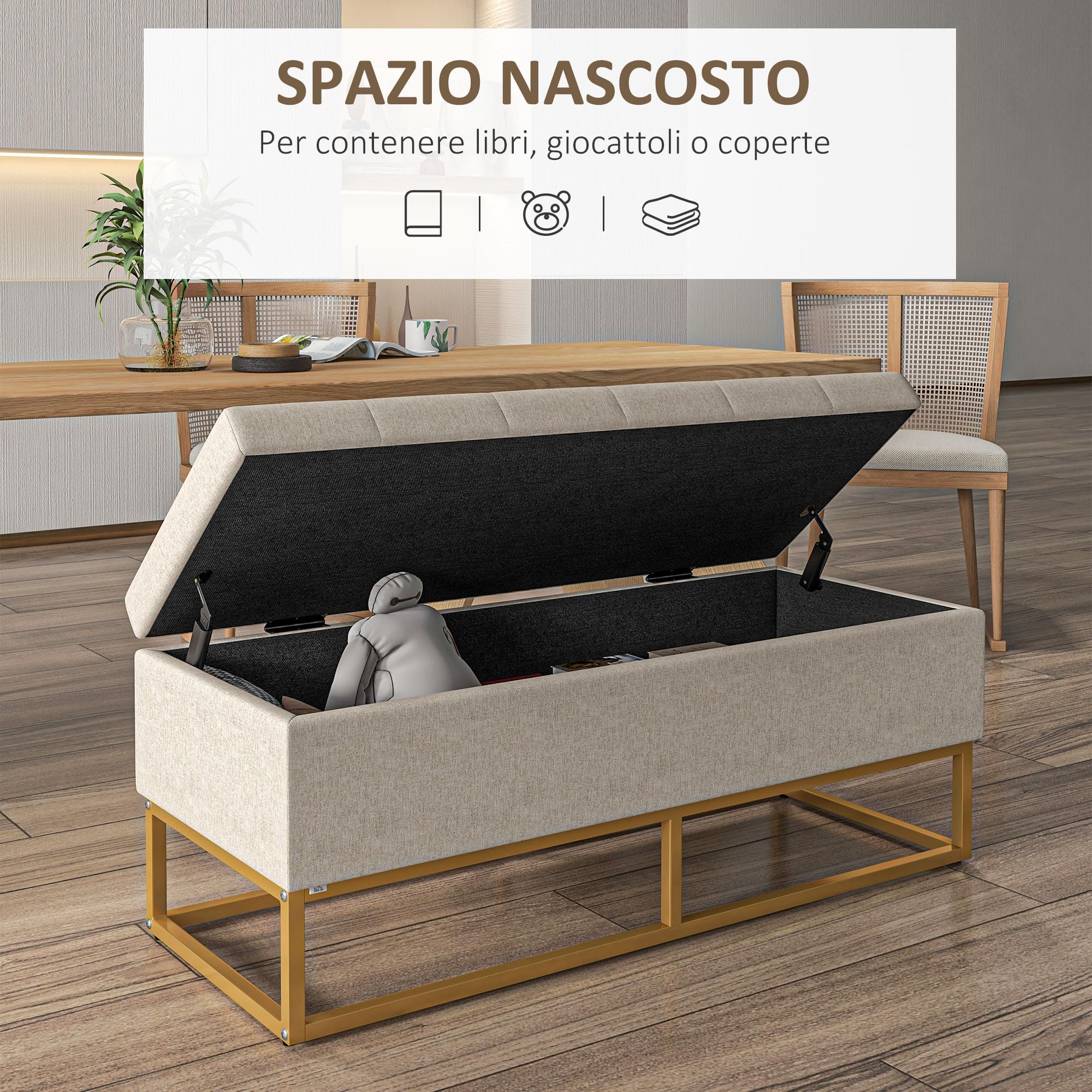 HOMCOM Baúl de Almacenaje para Dormitorio Puff de Almacenaje Tapizado de Lino Sintético con Tapa Abatible y Patas de Acero para Salón 110x44x48 cm Beige