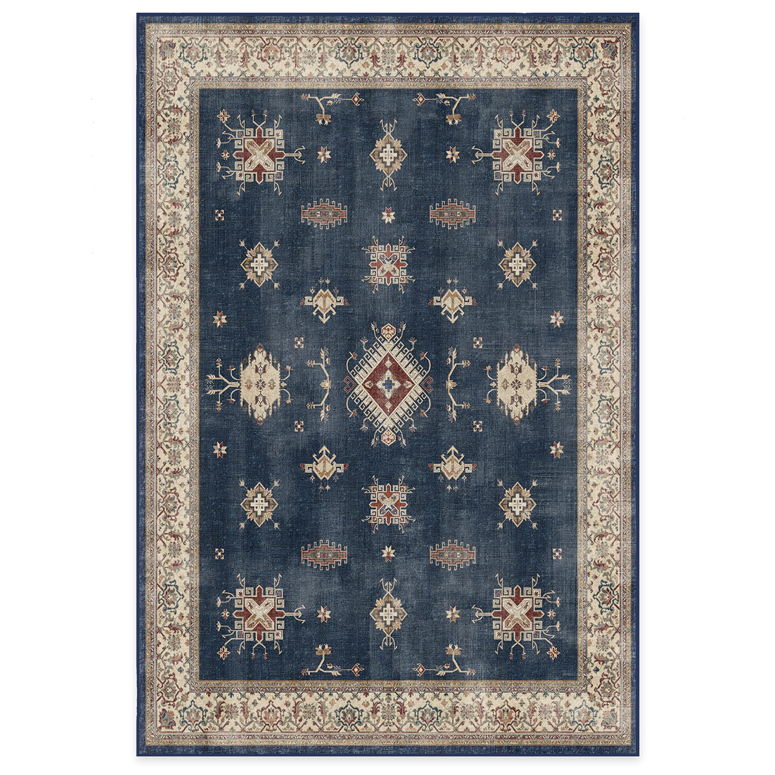RUGGABLE Washable Vintage Area Rug – Verena Sapphire 6x9, Stain-Resistant, Non-Slip with Standard Pad – Medium Machine Washable Rugs for Living Room, Bedroom, Hallway, Entryway & Office