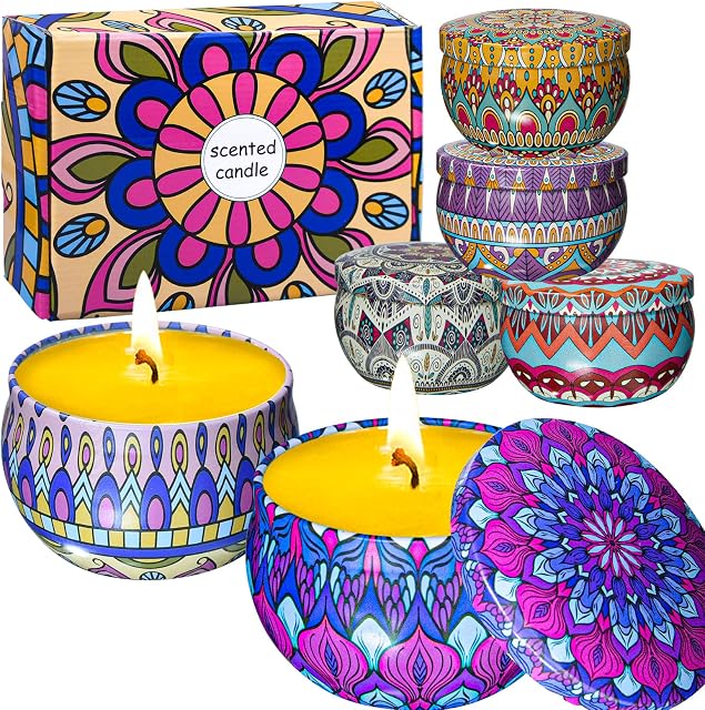 Scented Candles Gifts for Women - 6 Pcs of Lavender Vanilla Rose Orange Lemon Jasmine Natural Soy Wax Candle Gift Set 2.5 Oz / 20H / Tin Aromatherapy Candle for Sleep Bath Yoga