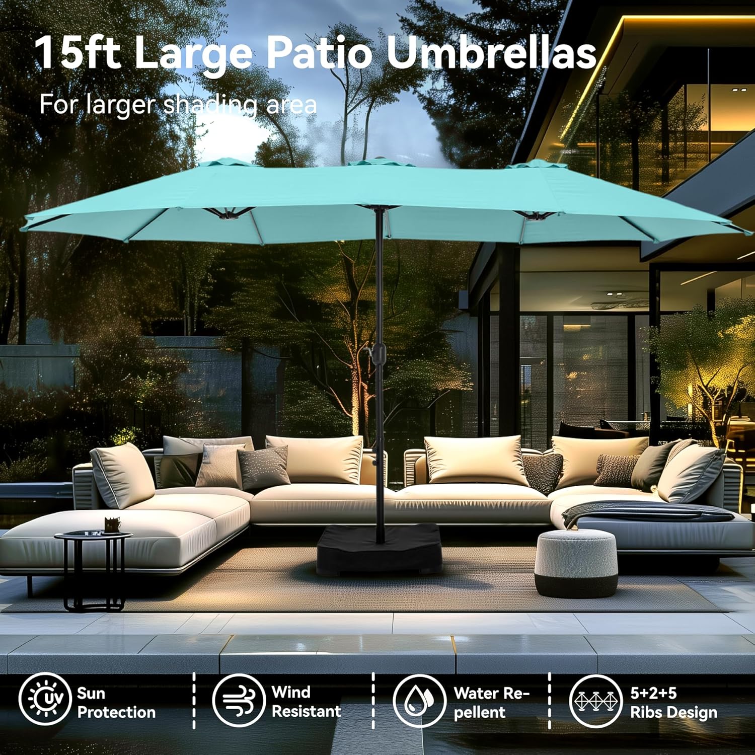 PHI VILLA 15ft Large Patio Umbrellas with Base Included, Outdoor Double-Sided Rectangle Market Umbrella with Crank Handle, for Poolside Lawn Garden, Turquois