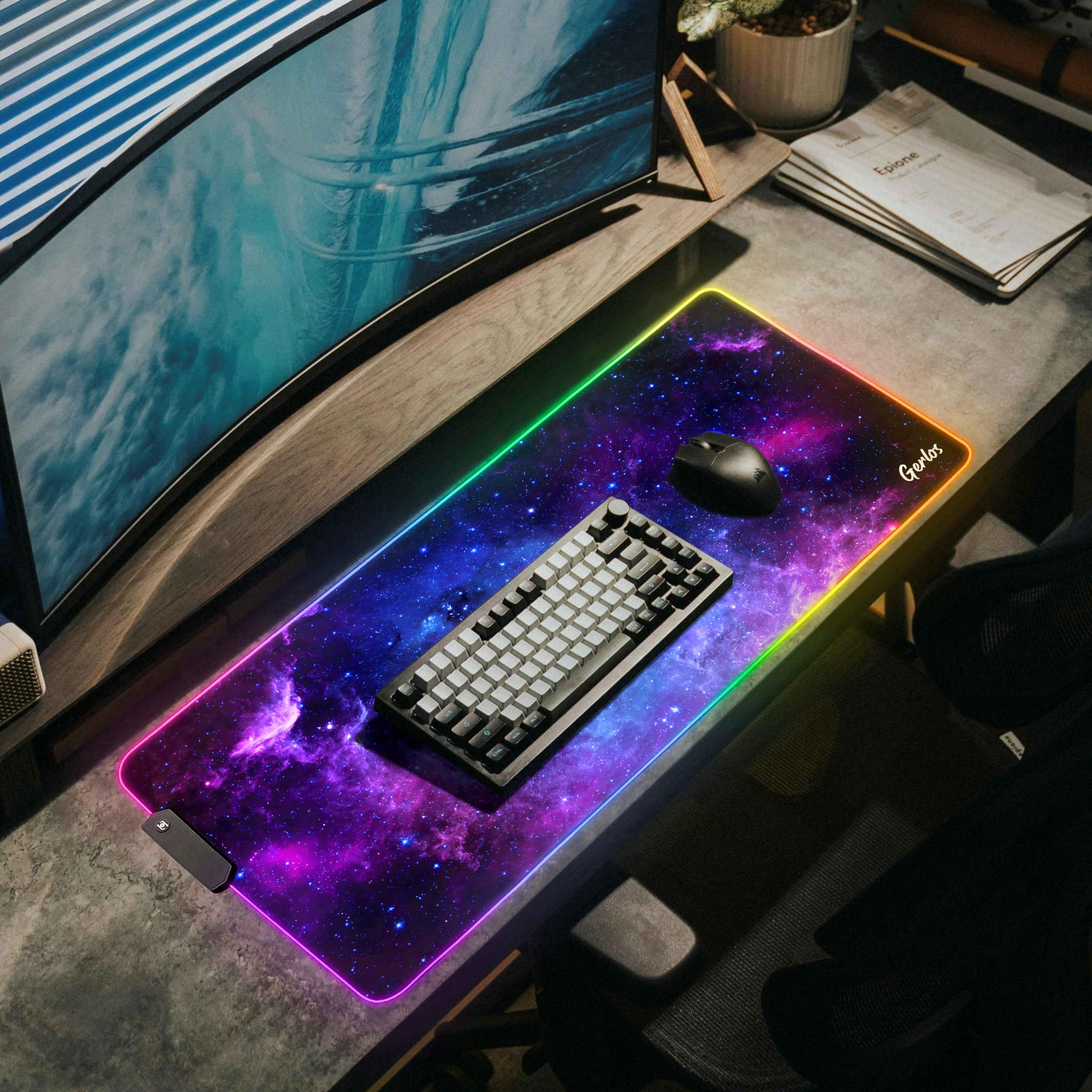 Gerlos RGB Gaming Mouse Pad, Large Extended LED Desk Mat with 12 Light Modes, Non-Slip Rubber Base, Water-Resistant, 31.5×11.8 Inch: Violet