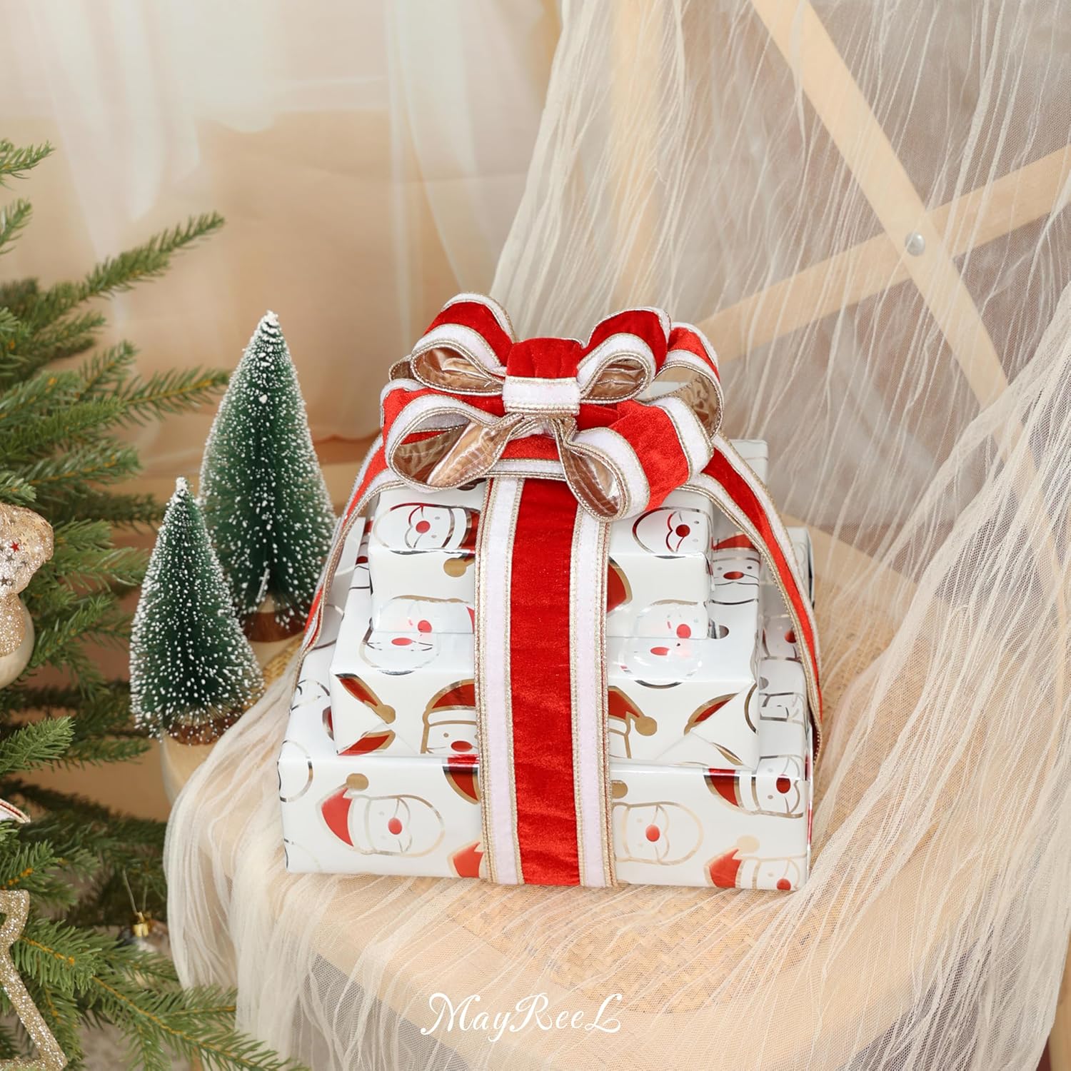MAYREEL Double Color Red and White Velvet Wired Ribbon 2.5 Inch Christmas Tree Ribbon, 10 Yards Roll – Festive Holiday Craft, Gift Wrapping, Wreath Supplies, Bows, Garlands & Decoration