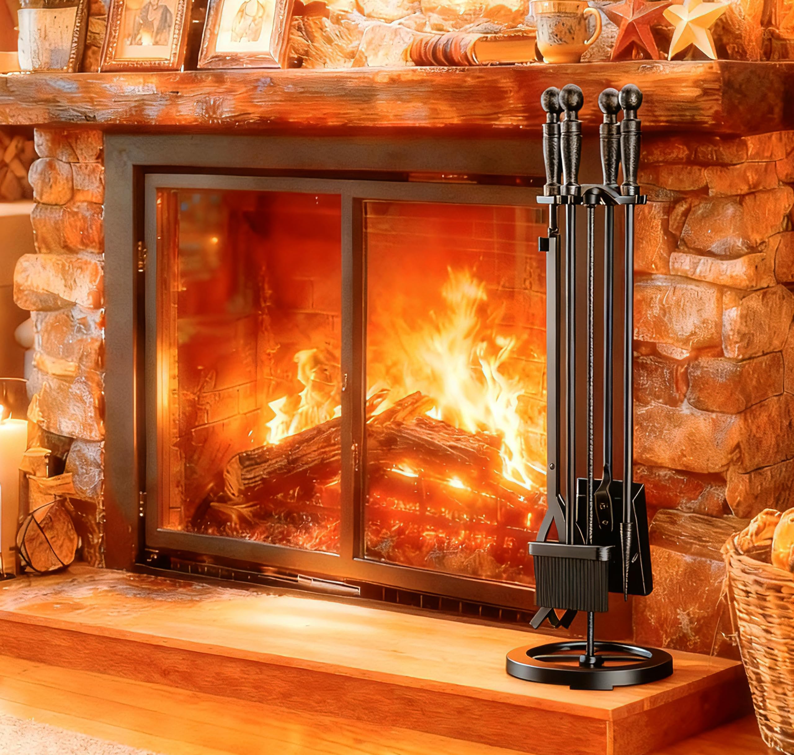 Fire Beauty Fireplace Tools Set 5 Pieces Wrought Iron Fire Place Pit Poker Holder 31" H (Black)