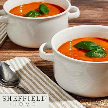 Sheffield Home Set of 6 Ceramic Soup Bowls with Handles - 24oz Large Serving Bowls, Dishwasher, Microwave and Oven Safe - Great for French Onion Soup, Cereal, Chili, Stew - White