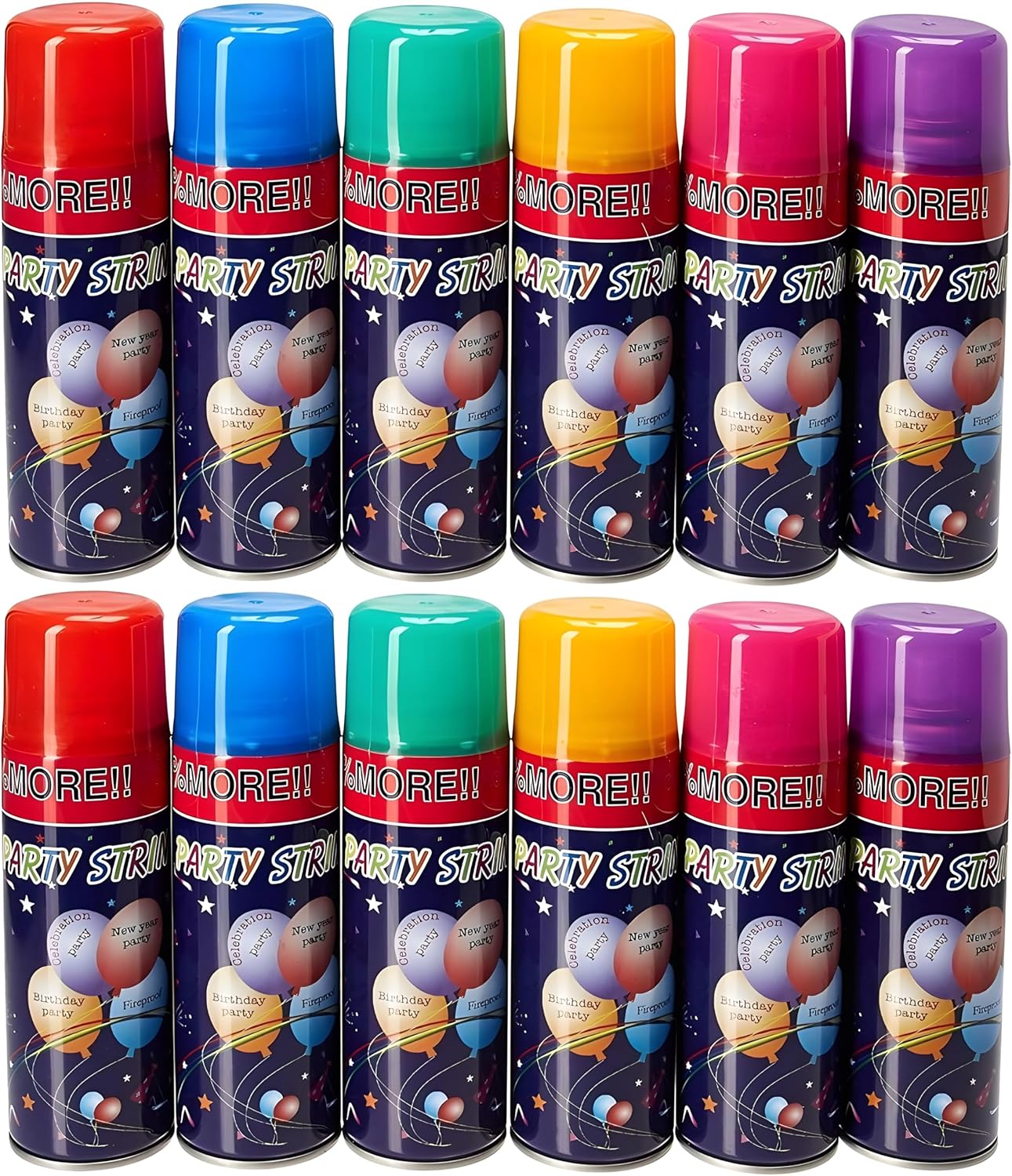 12 Pack Party String Spray (3 oz Each) – Streamer Spray in a Can, Full Color Set with 2 of Each Color, Party Supplies for Kids’ Parties, Birthdays, and Celebrations