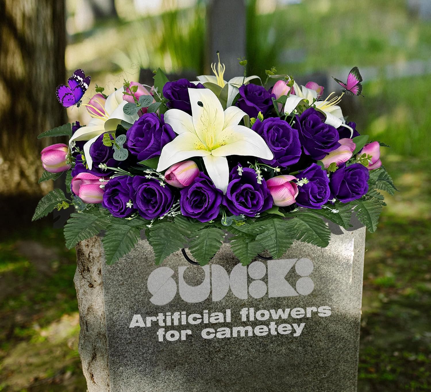 Cemetery Flowers for Grave Decor, Silk Lily Rose Tulip Headstone Flower Saddle,Tombstone Flower - Bright and Colorfast,Purple/White,2 Lovely Butterflies Included
