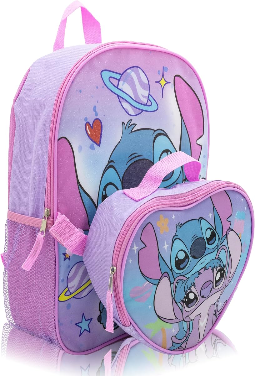 Disney Lilo & Stitch Backpack with Lunch Box Set for Kids | 15" School Bookbag & Insulated Lunch Bag with Stitch Galaxy Graphics | Boys Girls Backpack Set | Ages 3+
