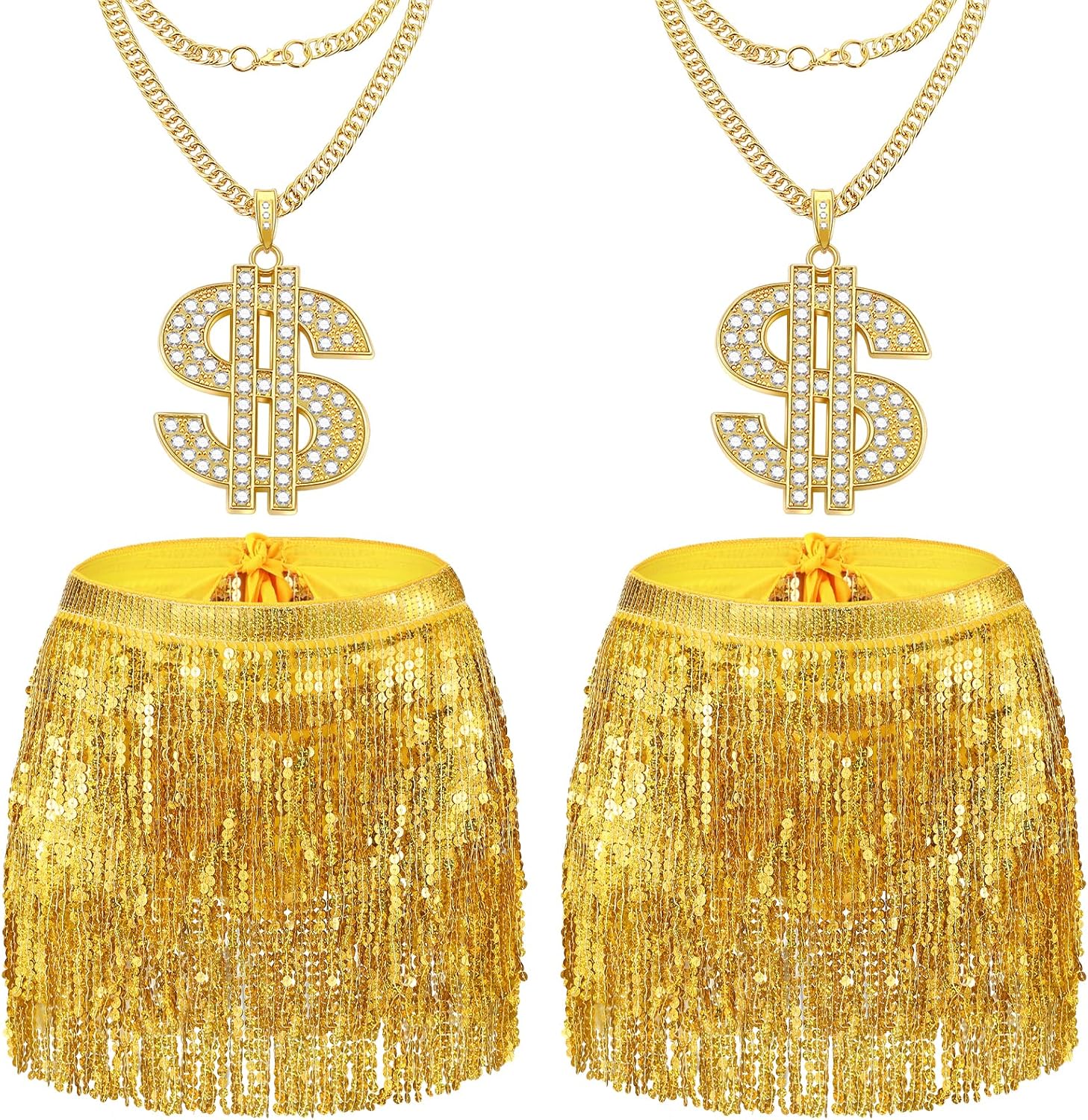 2 Set Sequin Skirt Gold Necklace for Gold Digger Costume Fringe Skirt Belly Dance Rave Disco Sparkle Costume