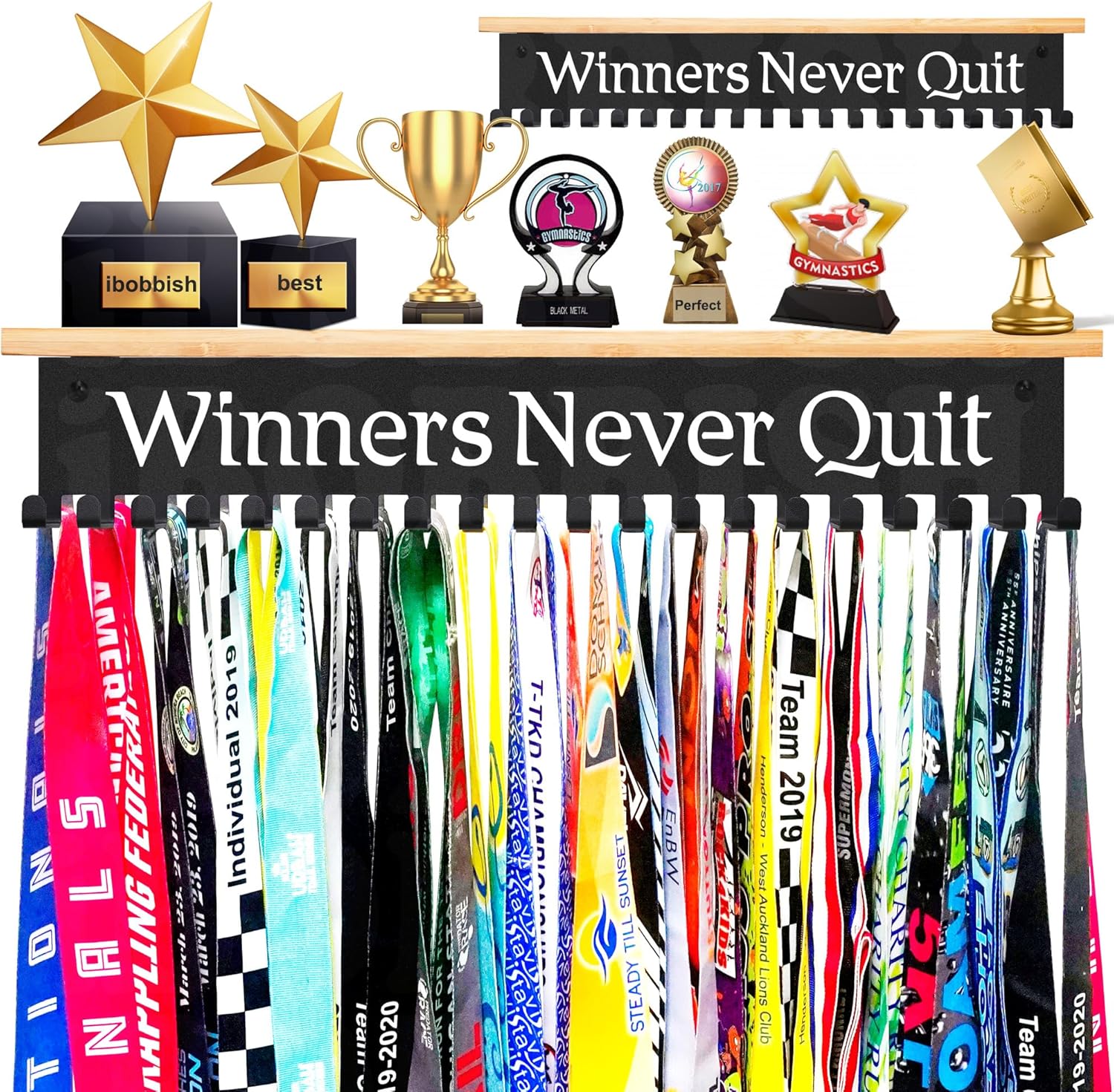 iBobbish Premium Trophy and Medal Display Shelf 16inchL,Metal Trophy Shelf with Hooks Upgraded,Large Bamboo Trophy Board Display,Sturdy Trophy Shelf with Hooks for Medals Metal Wall Mount Medals