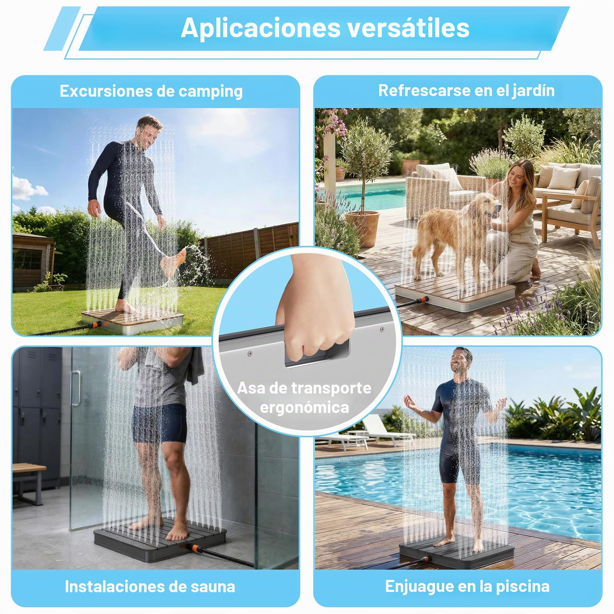 UISEBRT Ducha de jardín exterior de WPC y aluminio, ducha móvil de suelo, ducha solar, ducha de camping, altura de fuente ajustable hasta 4 m, para piscina, jardín, terraza (rectangular, marrón)