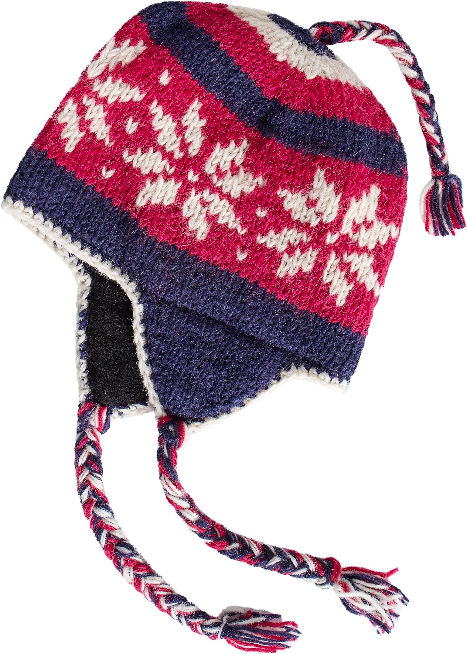 Hand Knit Sherpa Wool Unisex Hat with Micro Fleece Lining with Snowflake Pattern - Ear Flaps - Toque - Beanie