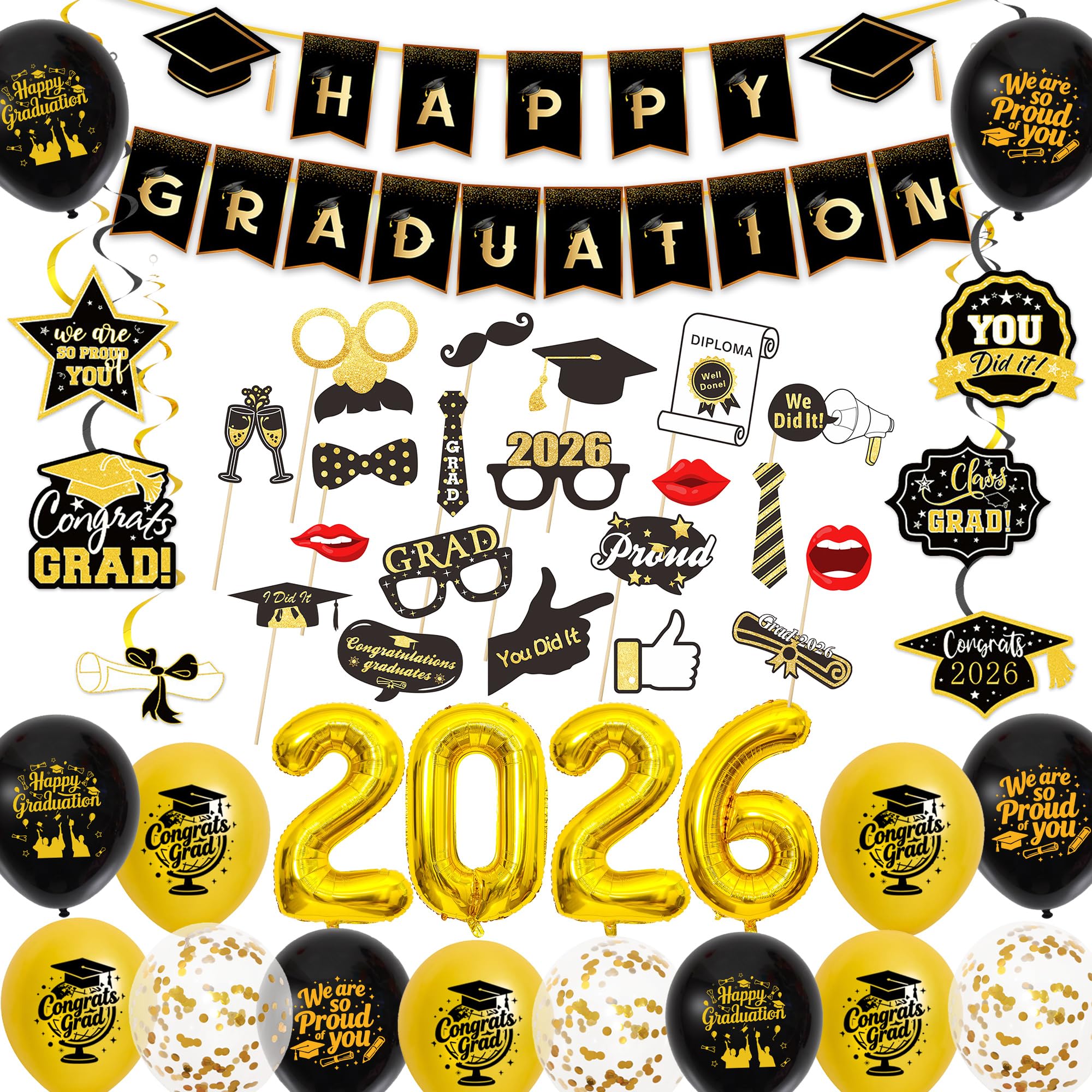 Graduation Decorations 2026 Congratulations Banner - Happy Graduation Banner Balloons, Photo Booth Props and Hanging Swirls for Class of 2026 Graduation Party Supplies