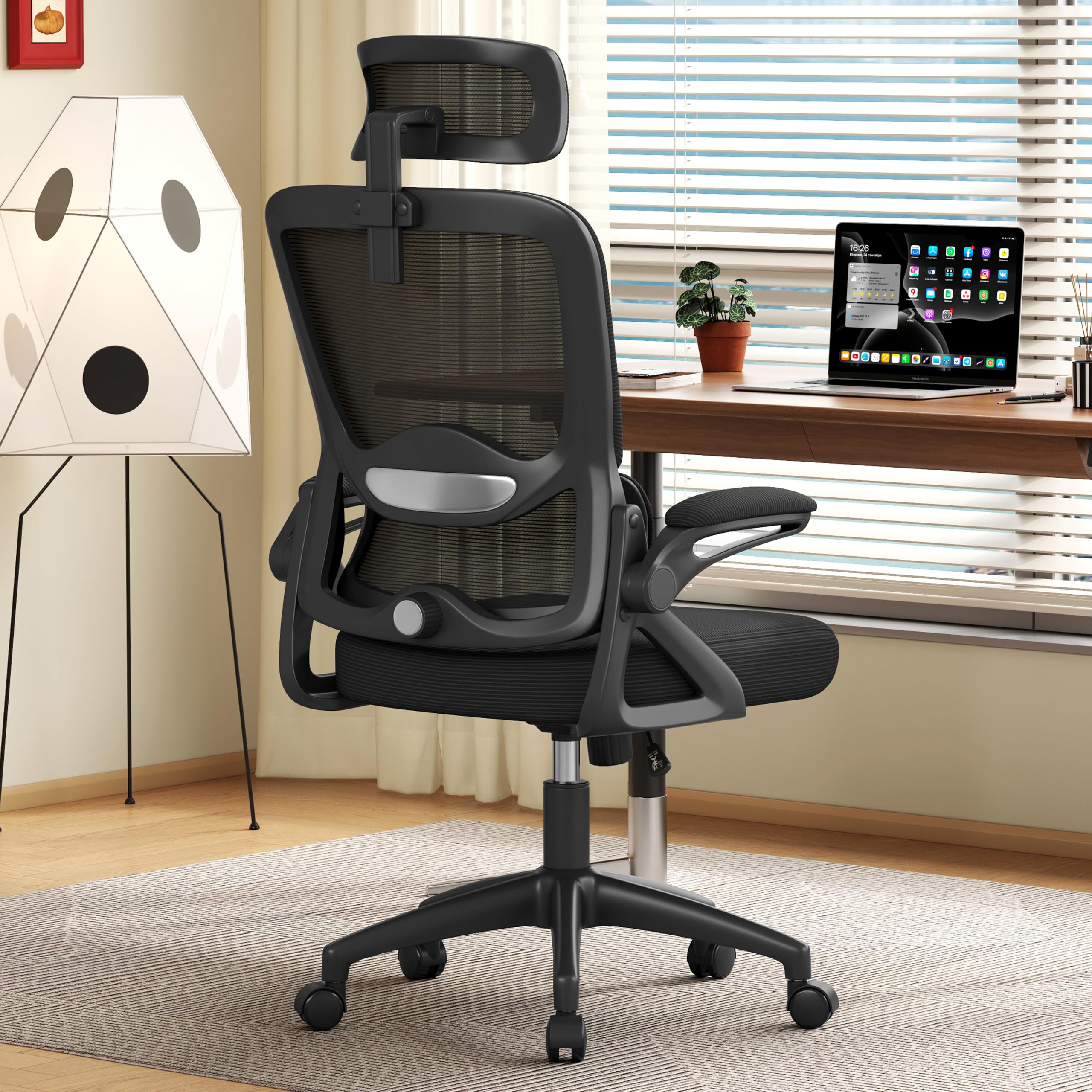 Ergonomic Office Chair,Mesh Office Chair with Lumbar Support,High Back Desk Chair with Flip-up Arms,400 lbs Big and Tall Computer Chair with Headrest,Comfy Desk Chairs Deep Black