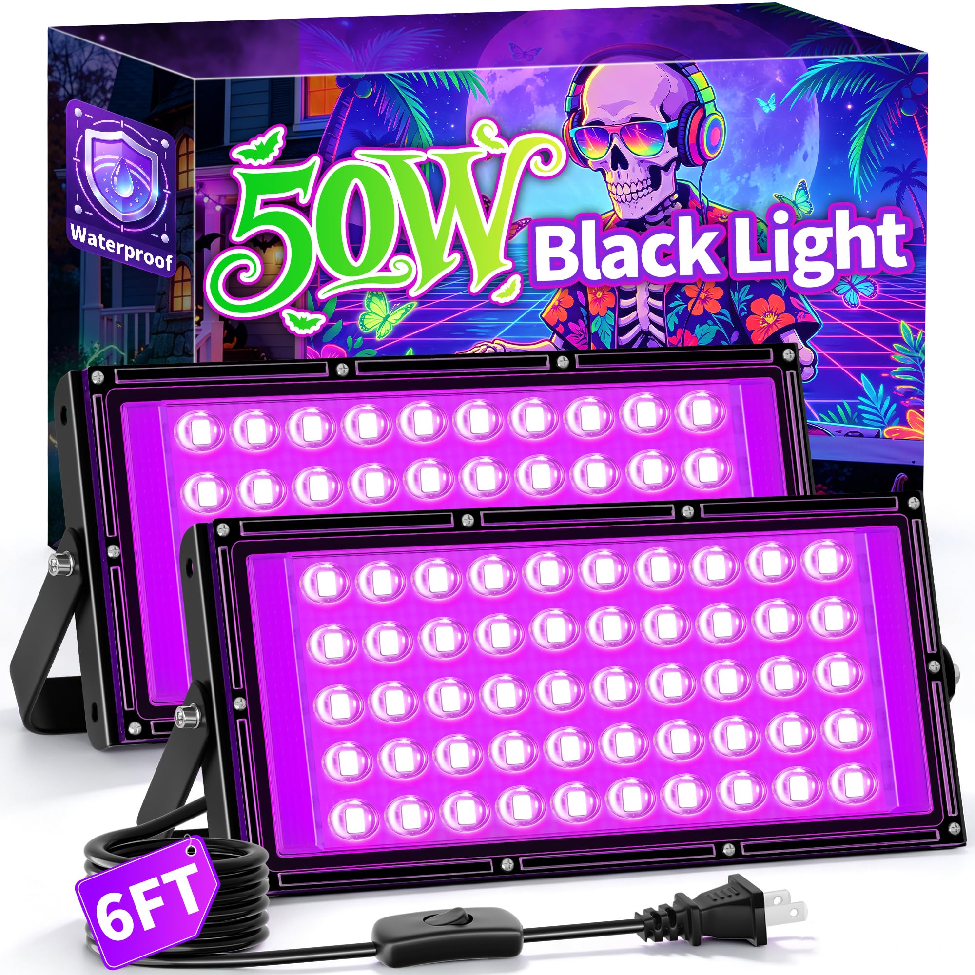 50W LED Black Light, IP66 Waterproof Halloween Lights for Glow Party 2 Pack