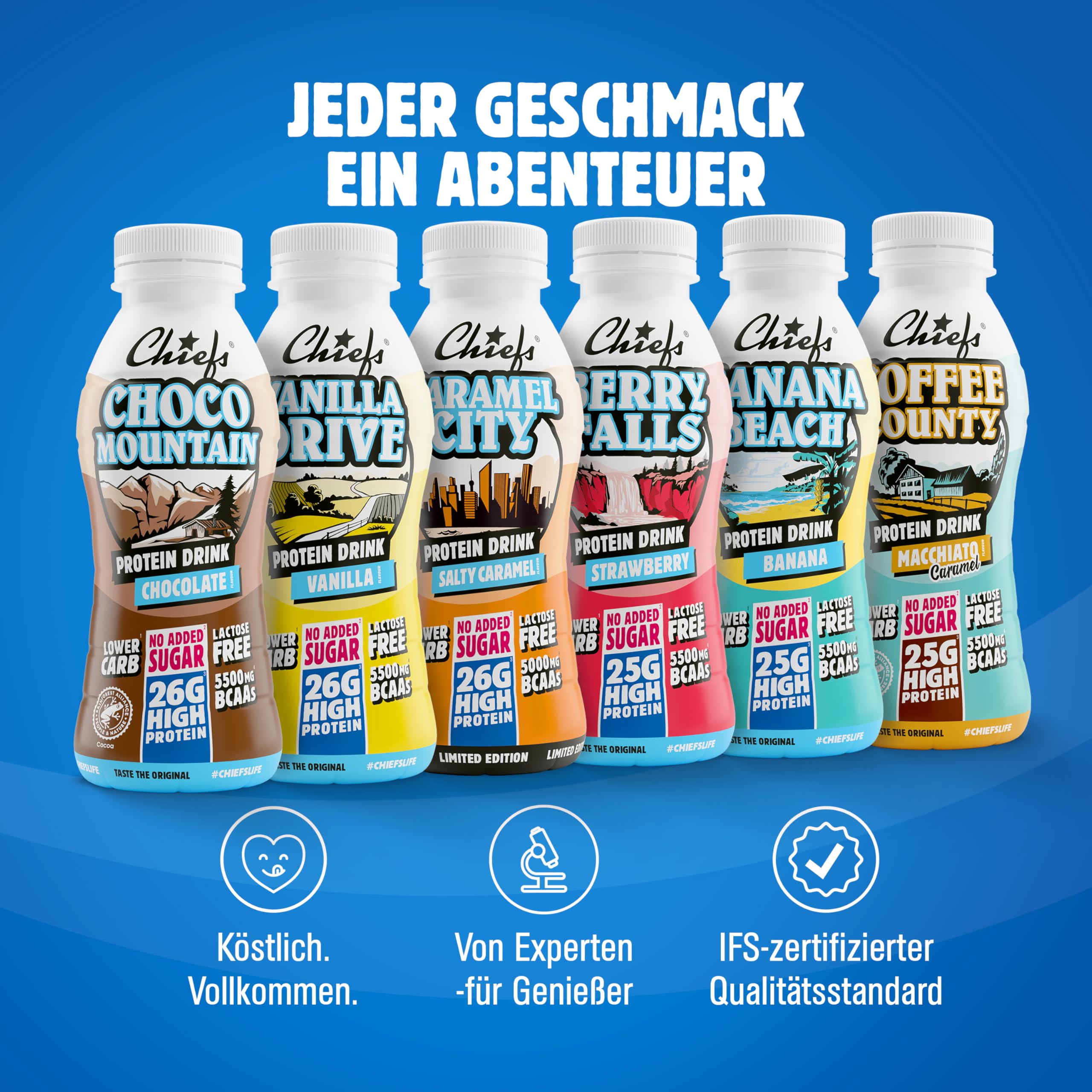 Chiefs High Protein Shake - Banane, 8x300ml - kein Zuckerzusatz & je 25g Protein - Protein Shake für Muskelaufbau - Laktosefrei & Lower Carb & Glutenfrei - Protein Drink