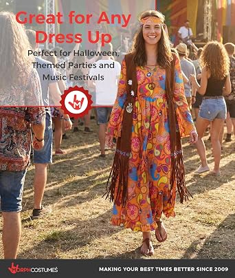 Morph, Hippie Costume Women, 70s Outfits for Women | Vibrant Paisley Print Maxi Dress, Matching Headband, Fringed Brown Vest Included, Perfect for Halloween, Great for Dress-Up