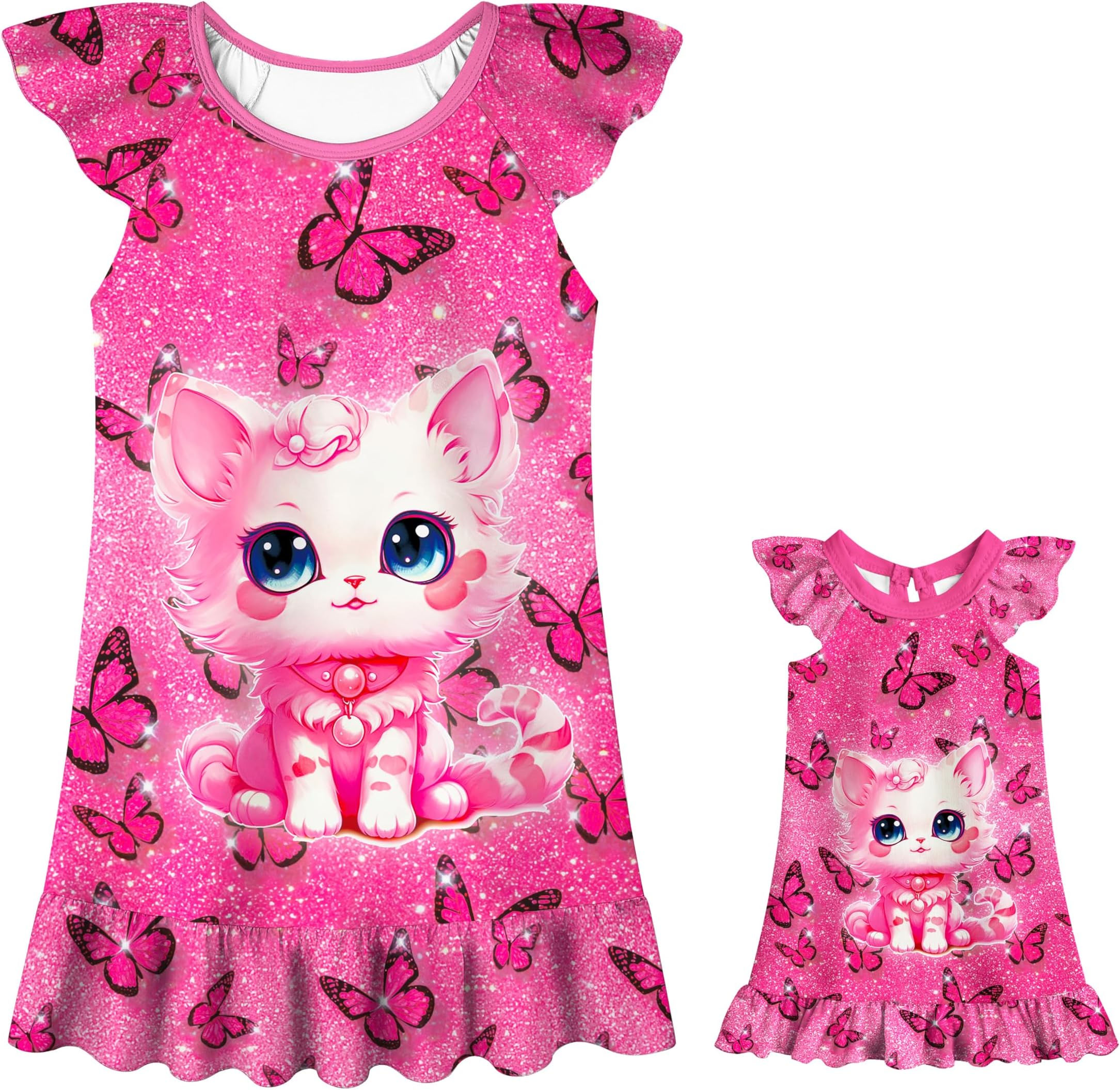 LQSZDoll and Girl Matching Nightgown Outfit Pajamas Flutter Short Sleeves Nightie Nightgown for Girls and 18" Dolls