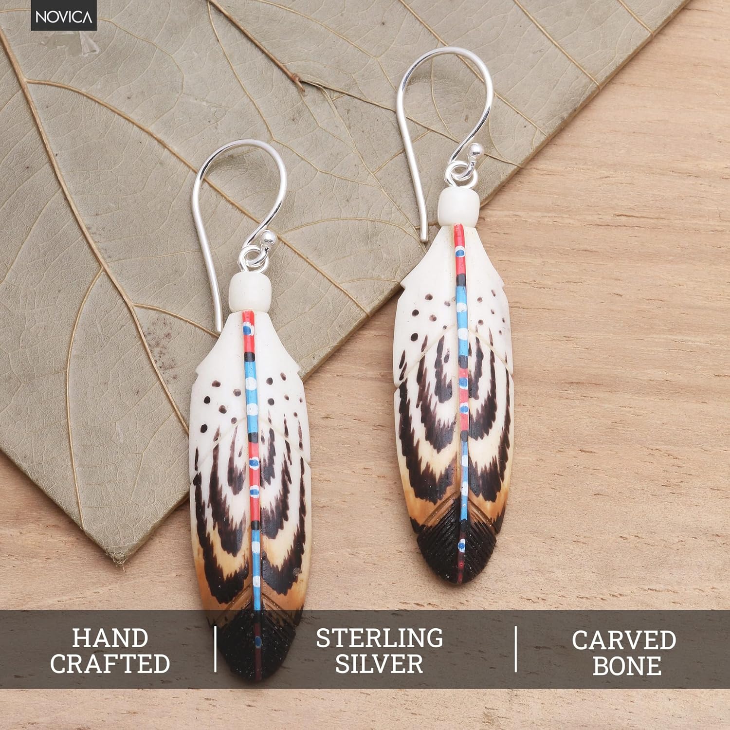 NOVICA Artisan Handcrafted Bone Dangle Earrings Falcon Feather Theme Earthtone Indonesia Nature [2 in L x 0.4 in W x 0.2 in D] ' Falcon Feather'