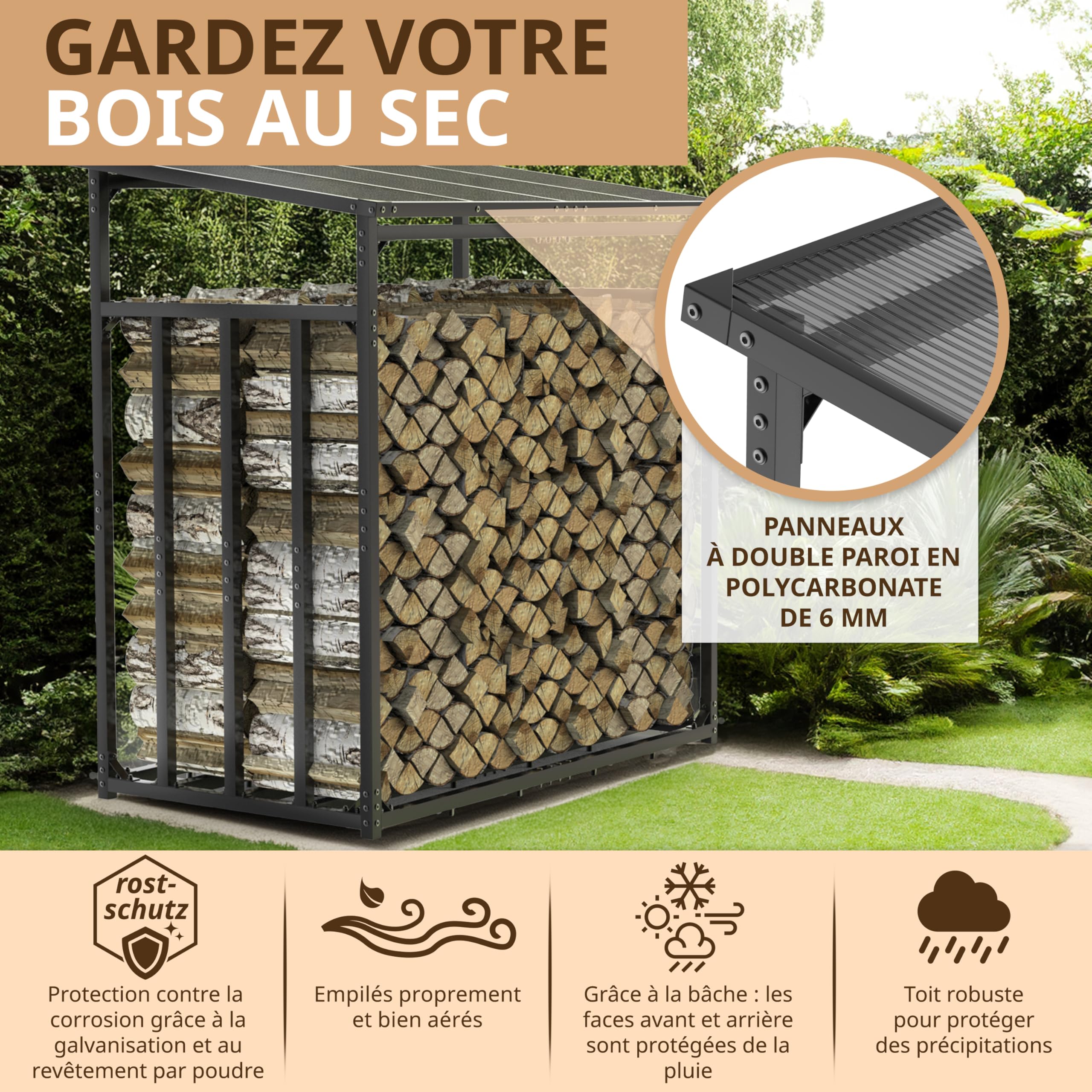 Étagère à bois de cheminée en métal extérieur, Anthracite, 185x105x185cm | galvanisée Anthracite Section 4 x 4 cm Charge maximale 3,5 t Avec toit abri bûche pour bois de chauffage Range buche