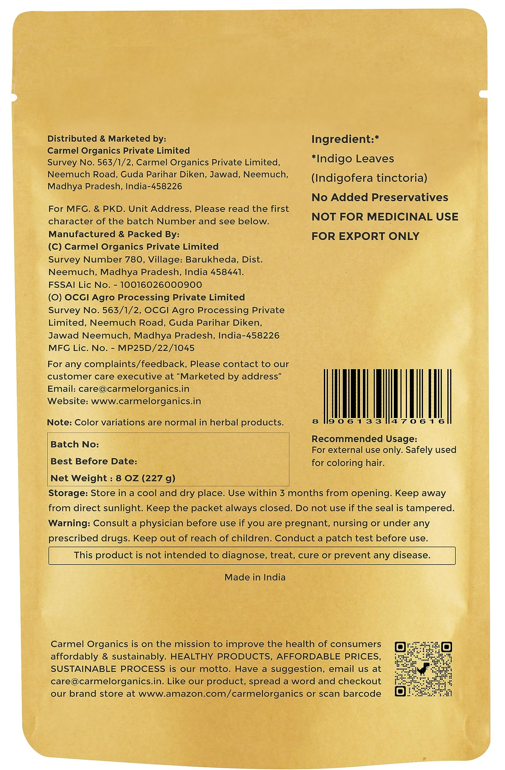 CARMEL ORGANICS Indigo Leaves Powder (8 Ounce) For Your Hair Colour| Pure and Natural Indigo Powder | No Added Colors or Preservatives | Indigofera tinctoria