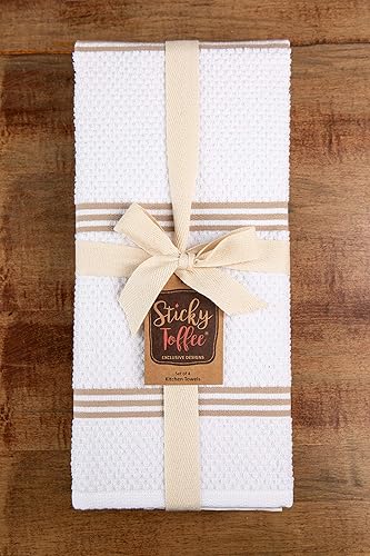 Miniatura 3 de Sticky Toffee Paños de cocina 100% algodón, juego de 4, toallas de mano color marrón y blanco, toallas de té, paños de limpieza reutilizables y