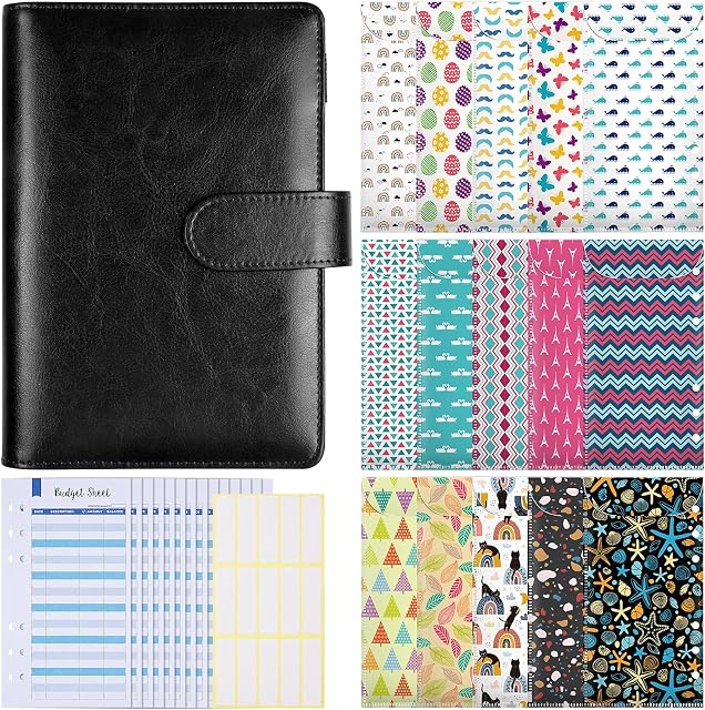 A6 Budget Binder, PU Leather Money Organiser, 6 Round Rings Refillable Notebook Binder 15pcs Plastic Envelope Pockets,15 Budget Tracking Tables with Label Stickers-Black