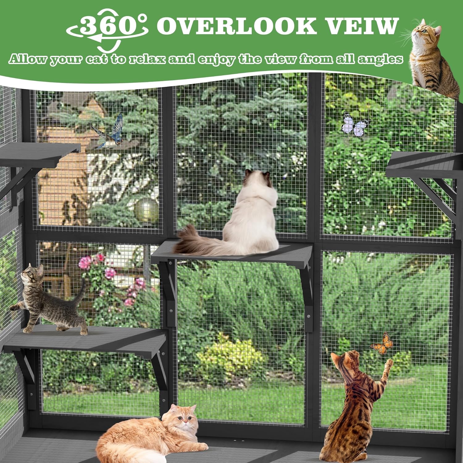 Catio Outdoor Cat Enclosure Window Perch, Expandable Cat Window Box for Multiple Indoor Cats w/4 Platforms & 4 Doors, Patio Kitten House for Sunbathing Overlooking Tunnel Connection (Gray)