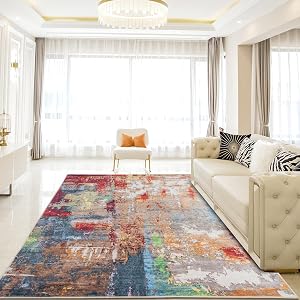 Home Beyond & HB design - Mordern Area Rug, Non-Slip Washable Low Pile Soft Lightweight Thin Carpet Rugs for Bedroom Living Room Kitchen Indoor Home Décor - 4x6 Feet, Red Mutiple