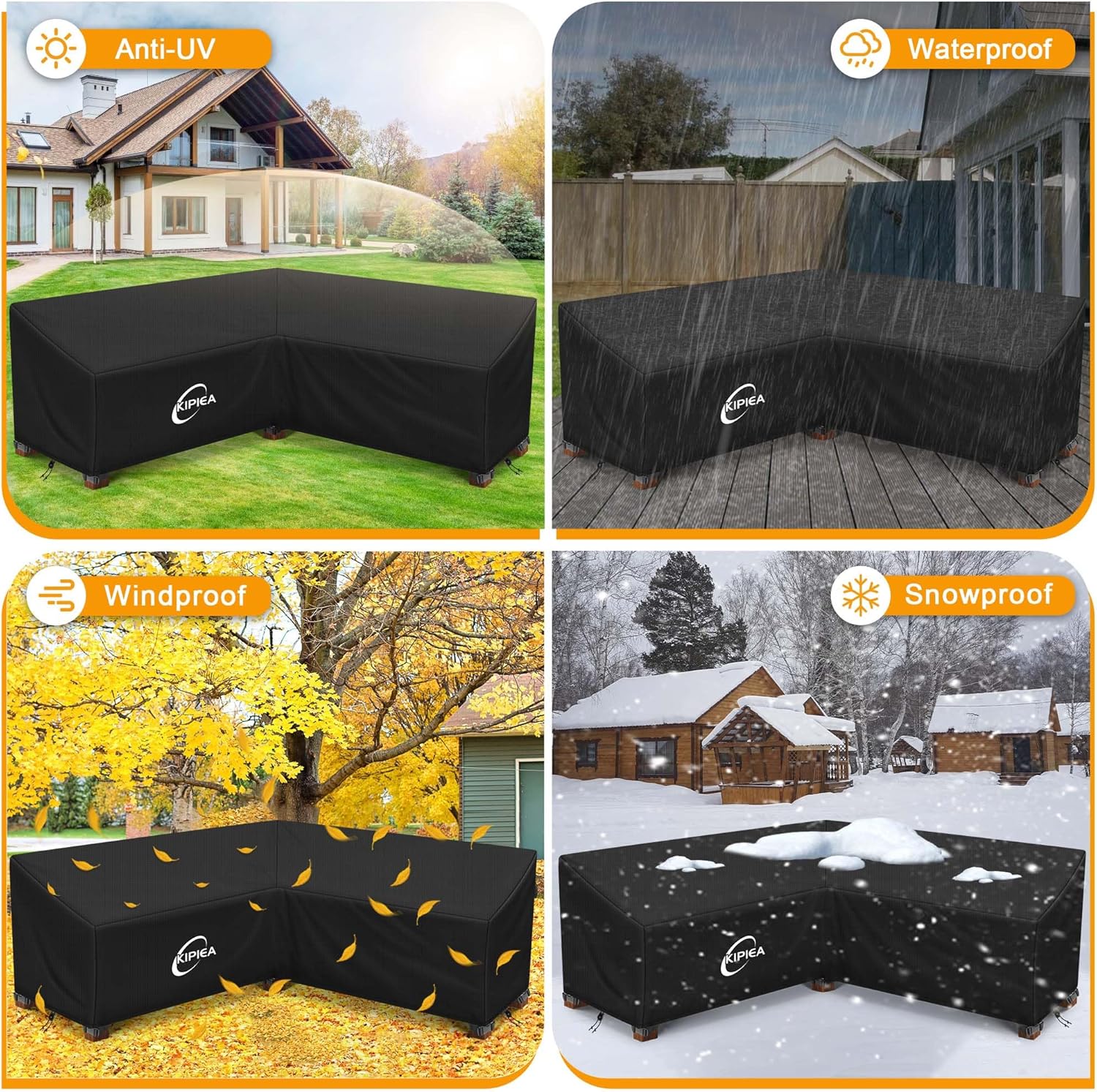 Kipiea Patio V-Shaped Sectional Sofa Cover, 420D Heavy-Duty Oxford Fabric Outdoor Sectional Cover with 6 Windproof Buckles, Anti UV and No Tears, No Fading (85"/85" L x 33.5" D x 31" H) Black - Image 6