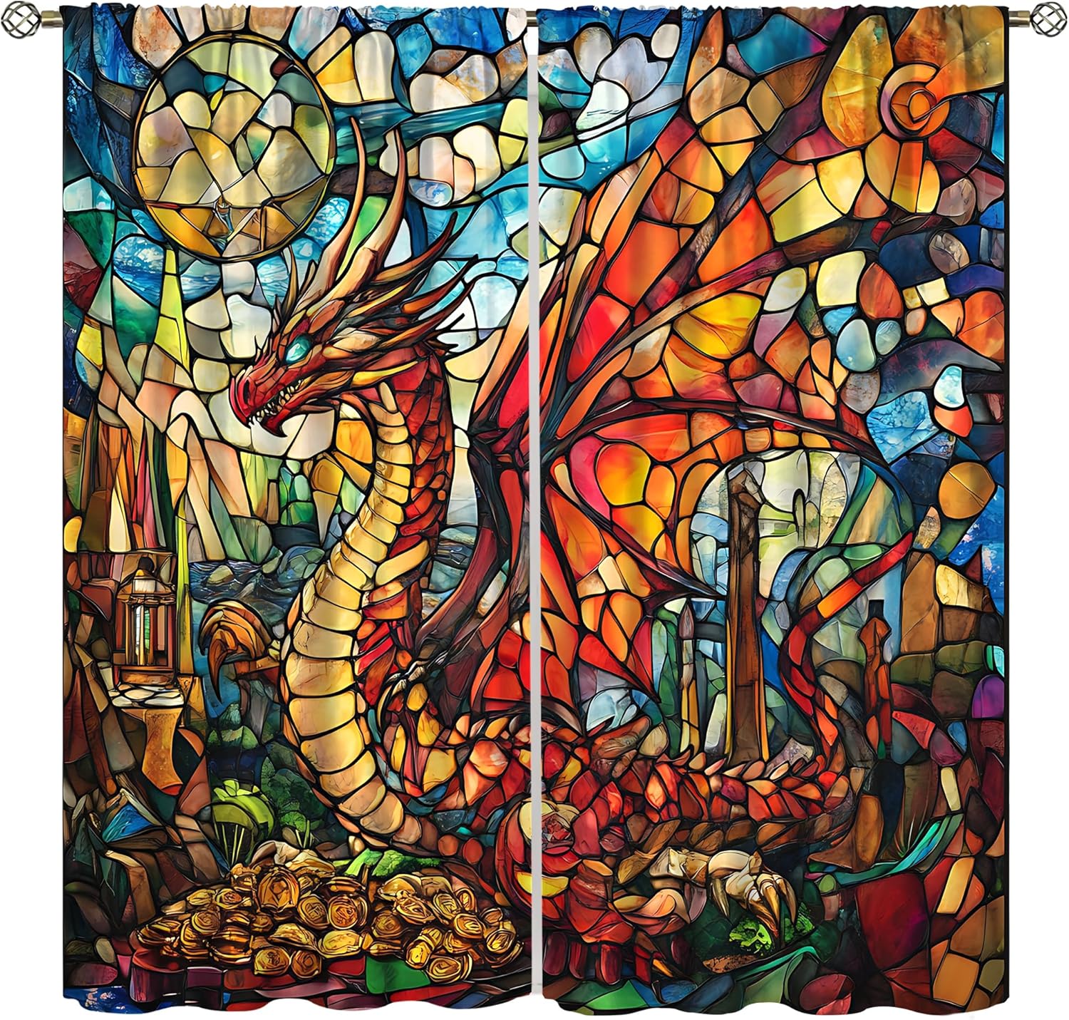 Western Dragon Blackout Window Curtains, Stained Glass Dragons Treasure Painting Geometric Unique Fashion Drapes for Home Kitchen Restaurant Window Curtain 2Panel, 42x45 Inch