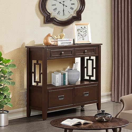 Miniatura 24 de Mesa consola rústica con 4 cajones y estantes, armario de cocina vintage de madera para almacenamiento, pasillo, vestíbulo con estantes de Marrón