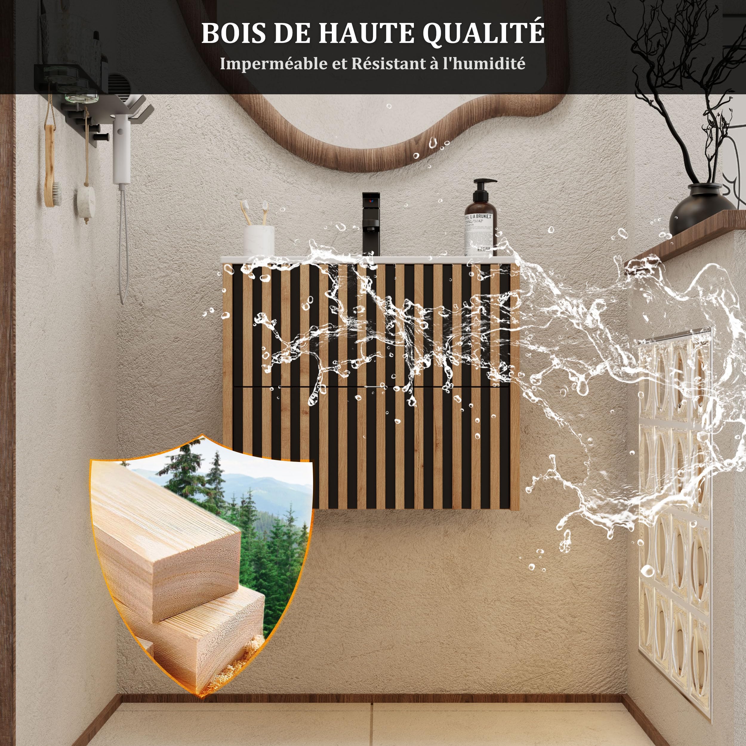 UEV Meuble Salle de Bain 60cm, Meuble Suspendu avec Lavabo en Céramique, Deux Tiroirs avec Grand Espace de Rangement, Poignée Cachée, Motif de Ligne, 60 x 45 x 50cm, Naturel