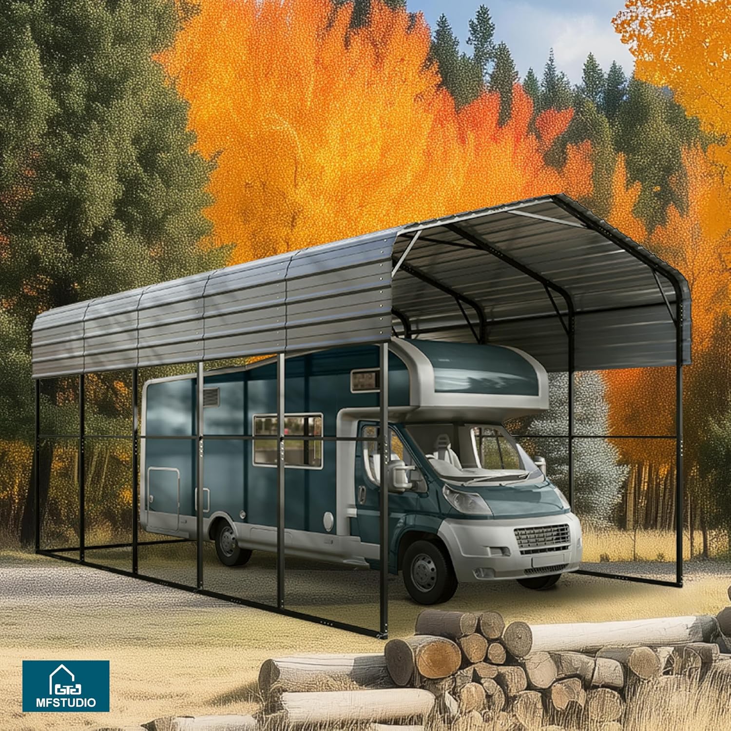 MFSTUDIO 14x25 ft RV Carport sheltering an RV during autumn, surrounded by colorful trees.
