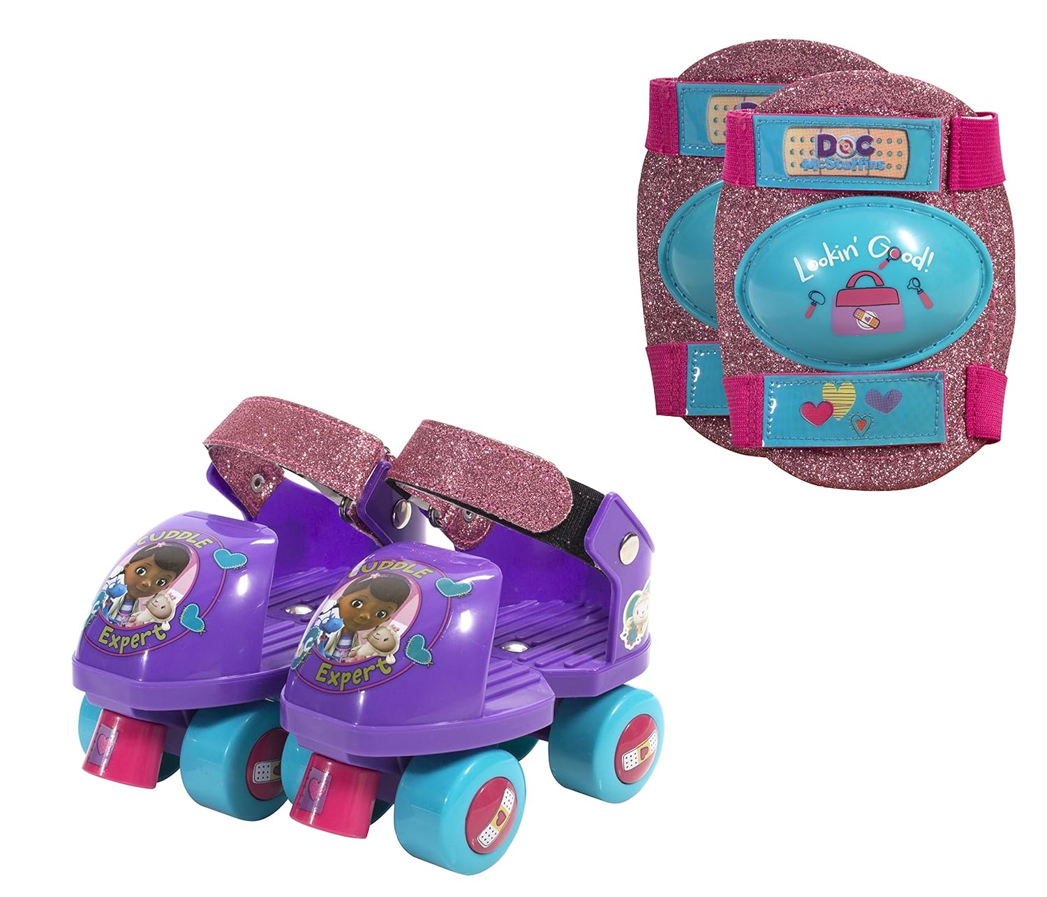 PlayWheels Doc McStuffins Glitter Kids Roller Skates with Knee Pads