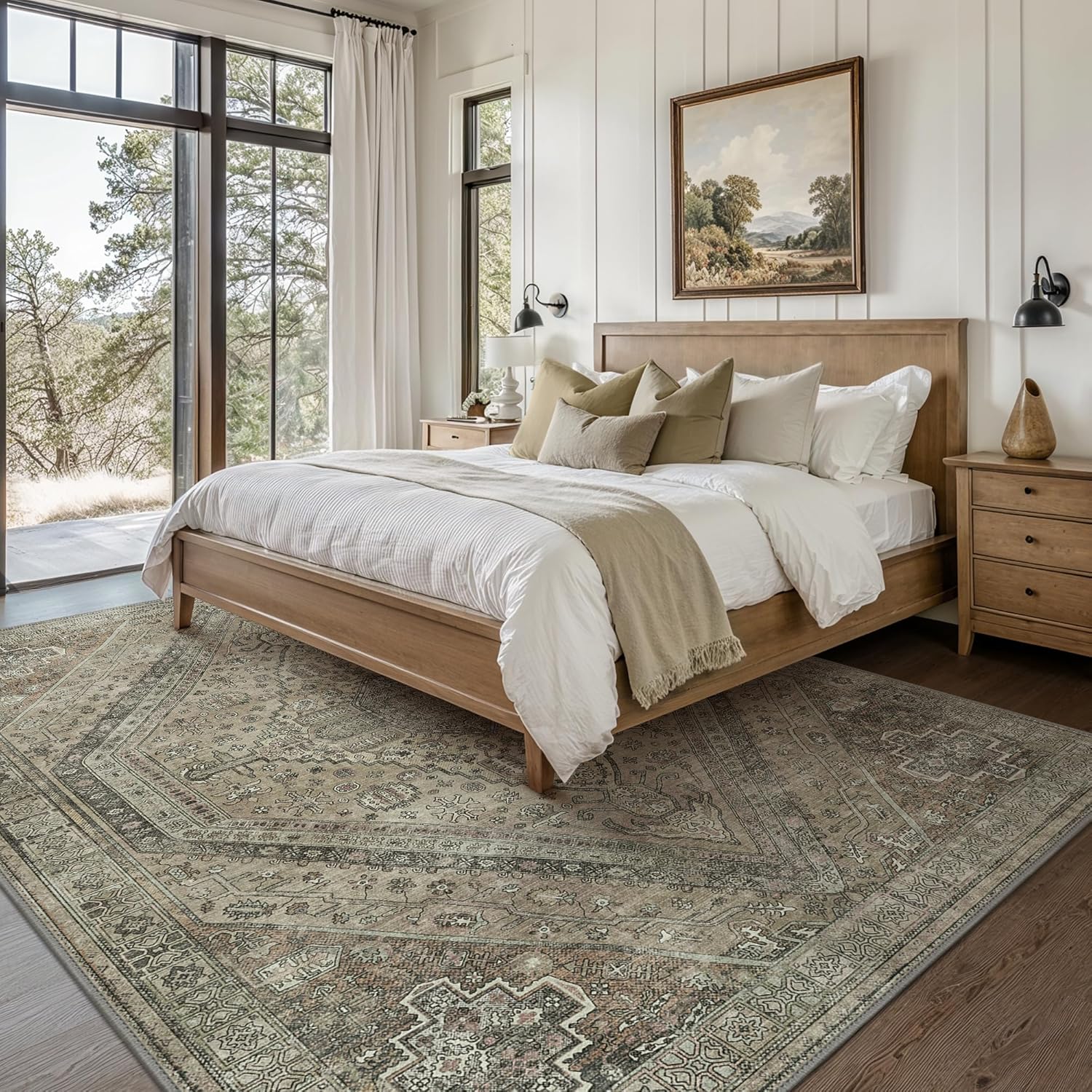 bavni washable rug 6x9 area rug for living room bedroom dining, washable vintage print carpet, ultra-thin chenille low pile lightweight rug with non slip backing, tan tan 6' x 9' (rectangular)