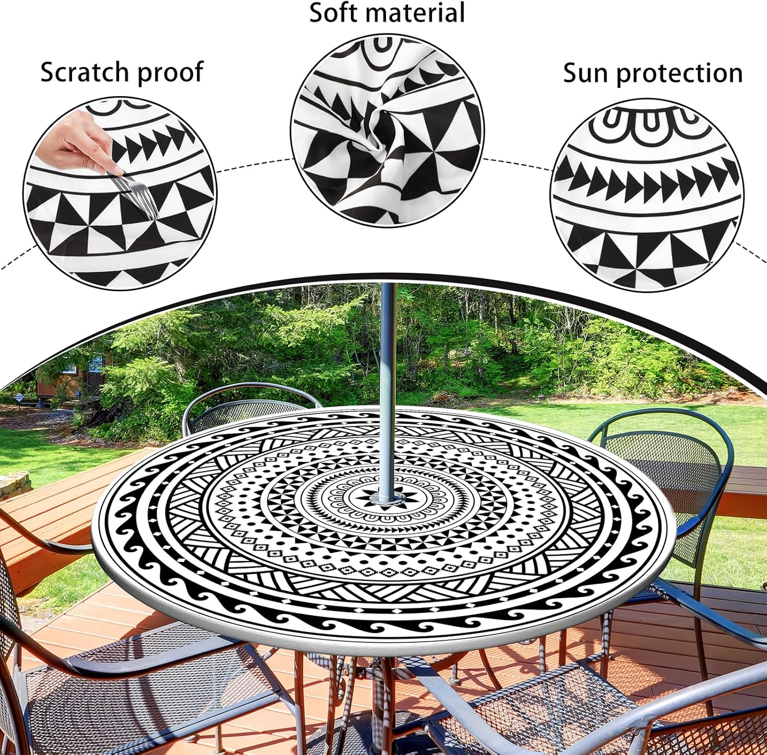 Round Outdoor Tablecloth with Umbrella Hole Waterproof Patio Table Covers Round Fitted Tablecloth with Elastic Zippered Round Outdoor Table Cloth for Picnic, Camping, Garden (White, 44" (Round))