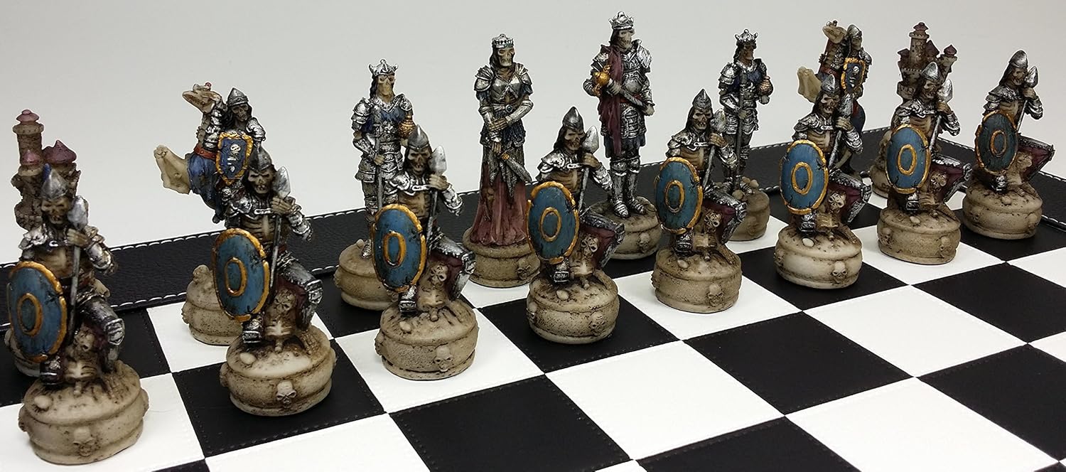 HPL Skeleton Slayer Gothic Fantasy Skull Chess Set W/ 18" Black and White Faux Leather Board