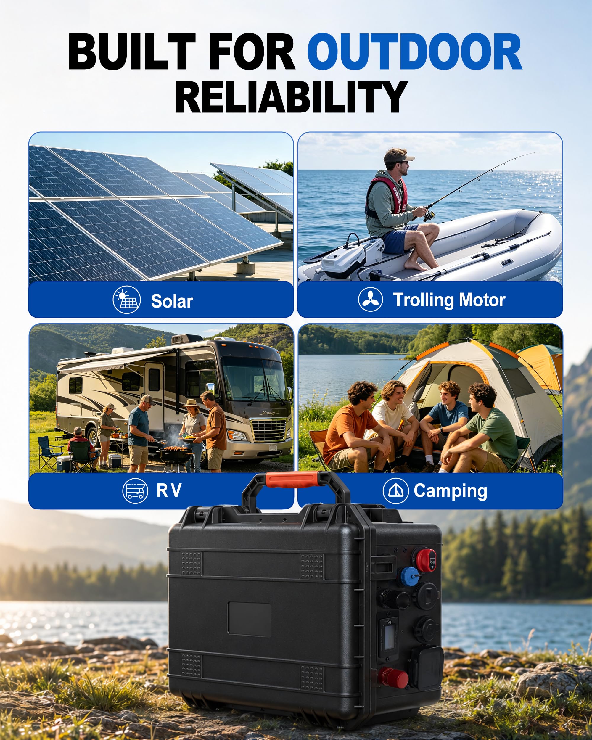 Tragbare Batteriebox für Gruppe 24 Batterien, wasserdichte Marine & RV Batteriebox mit mehreren Anschlüssen, Spannung & Batterieanzeige, für Trolling Motor, Camping, Yacht, Solar und Off-Grid Power
