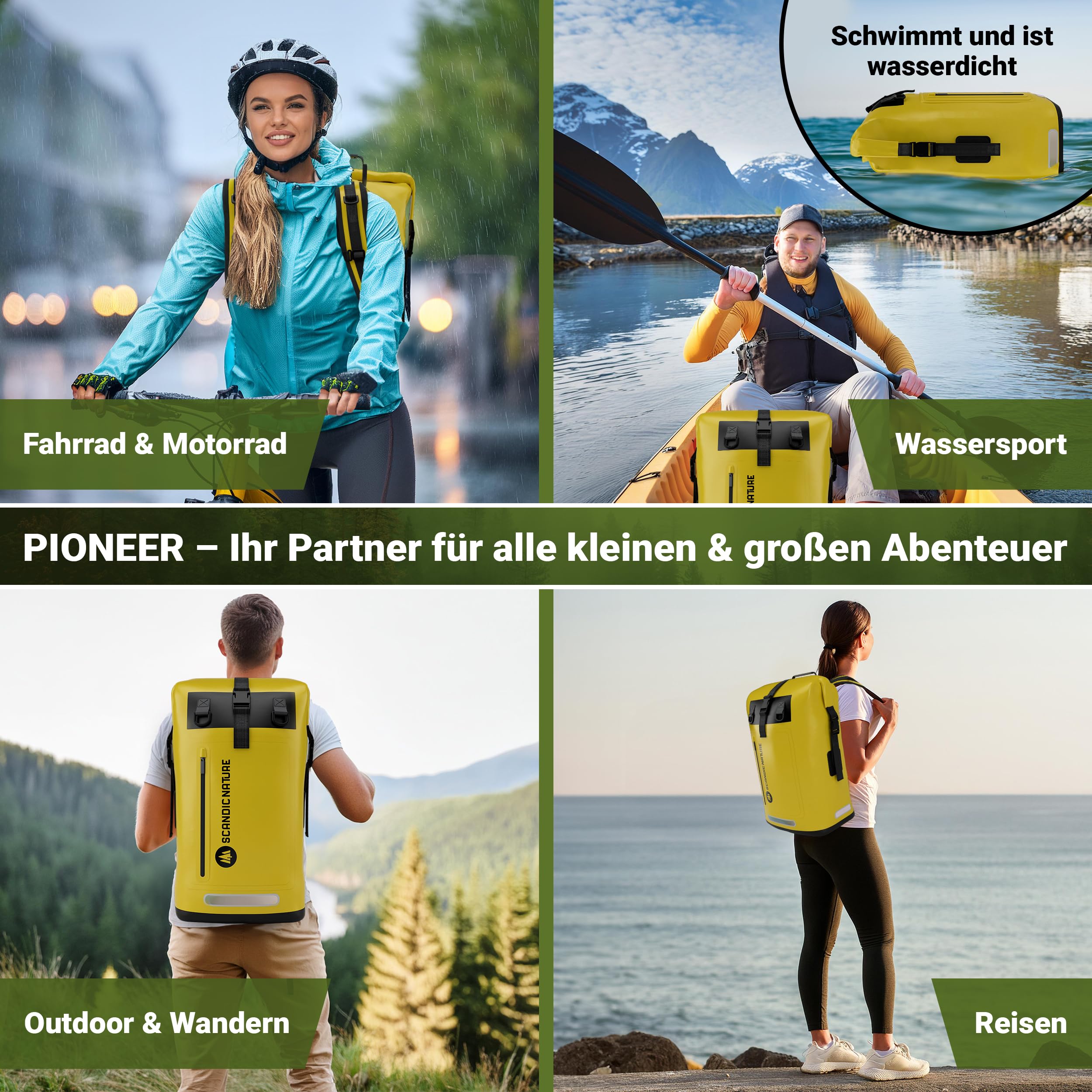 PIONEER wasserdichter Rucksack mit Rolltop Verschluss 35L 55L schwarz gelb oliv-grün - extra robust dank Boden mit 1000D PVC LKW-Plane, 3 Reflektor-wasserfeste IPX8 Handyhülle