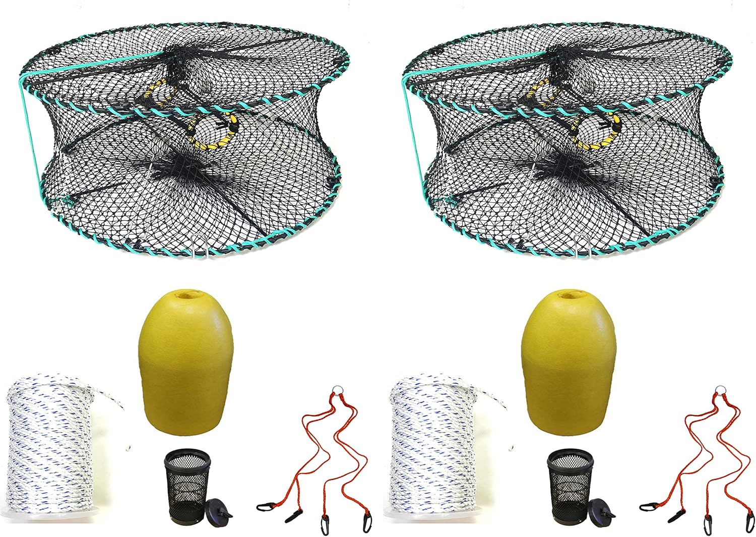 2-Pack of KUFA Sports Foldable Prawn Trap (Stretched Mesh Size:1-1/8") with 400' Rope, Yellow Float, Bait Bag & Harness Combo